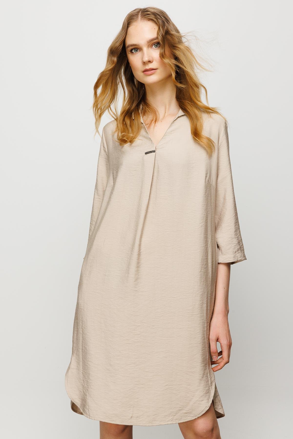 23466Kadın Gömlek Yaka Pileli Penye Elbise Vizon