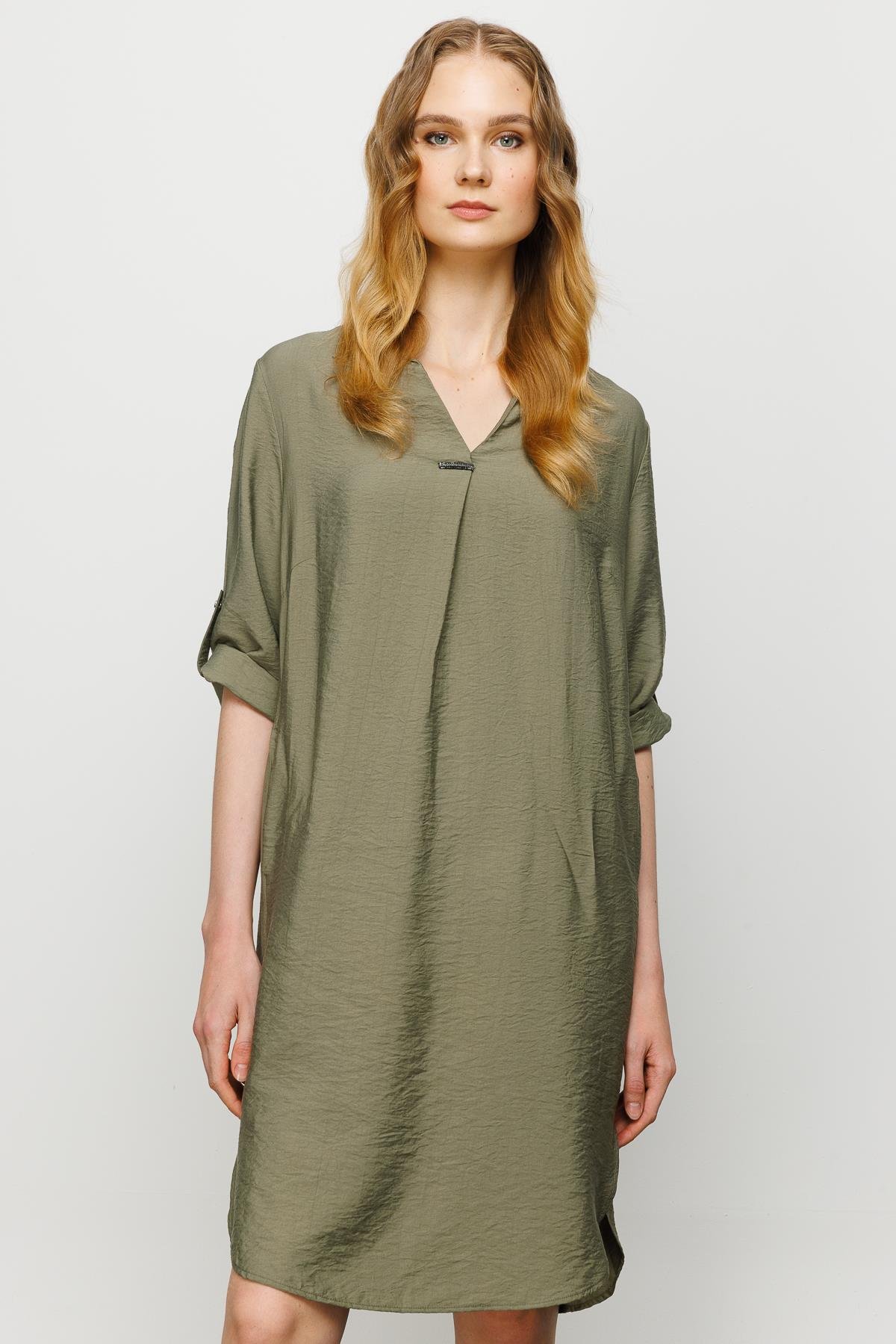 23466Kadın Gömlek Yaka Pileli Penye Elbise Haki