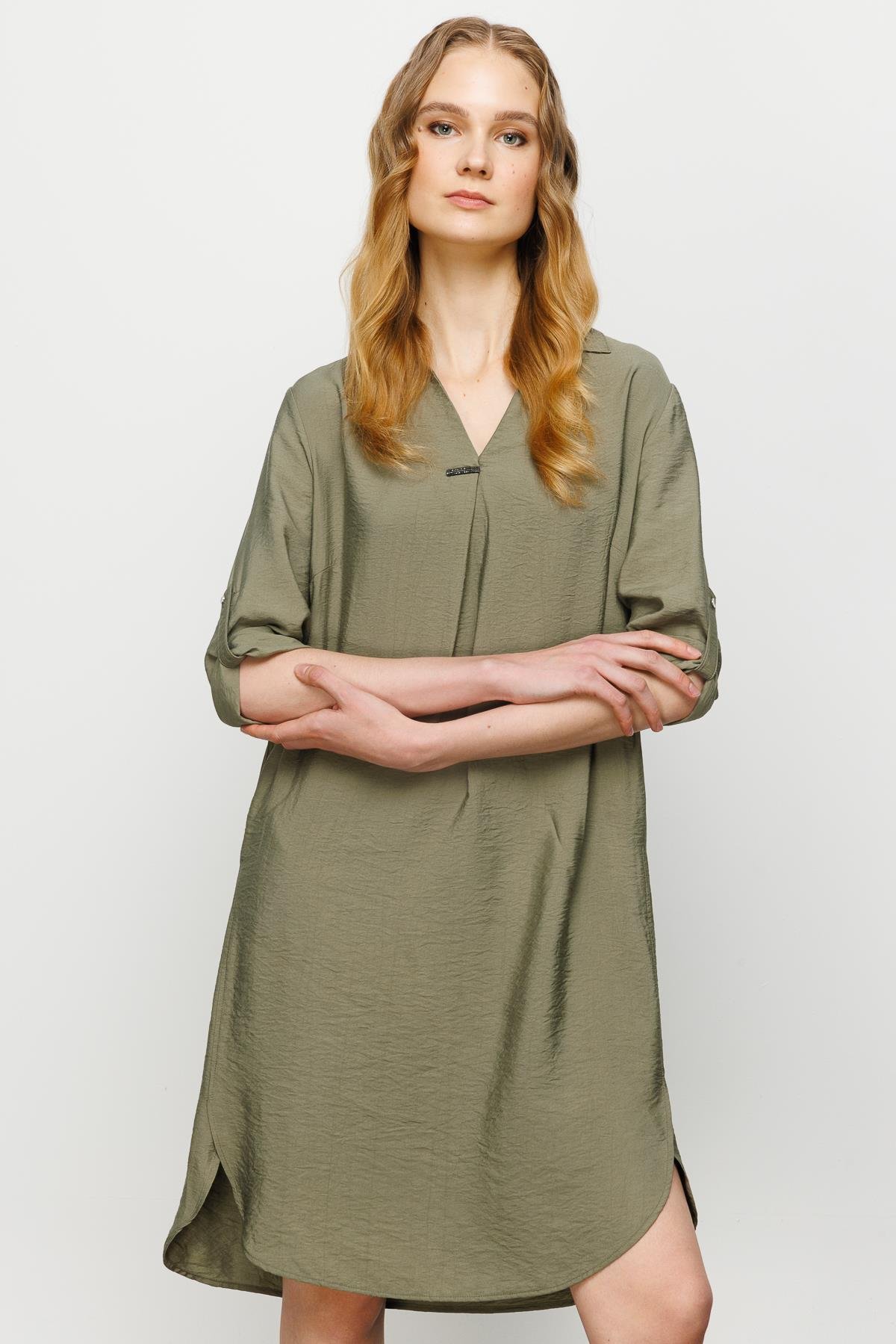 23466Kadın Gömlek Yaka Pileli Penye Elbise Haki