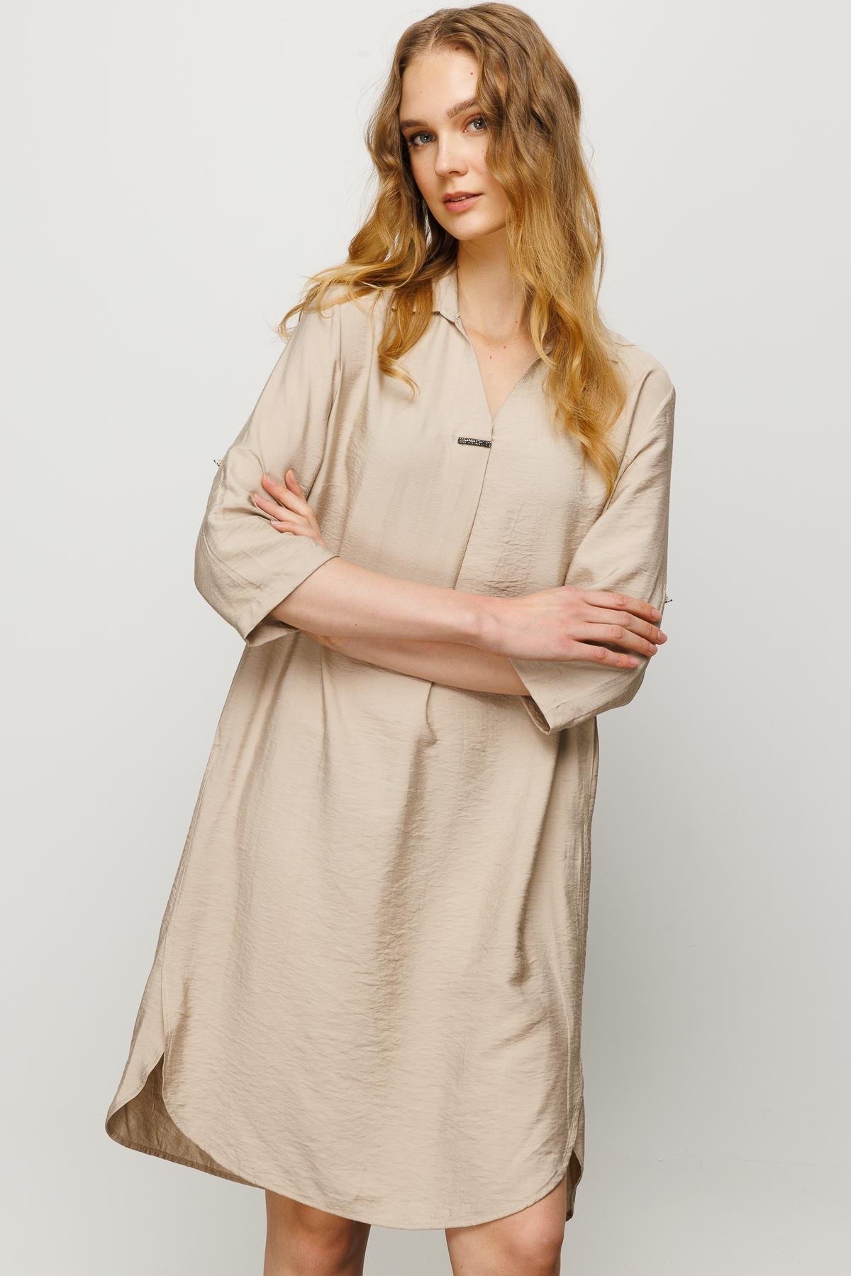 23466Kadın Gömlek Yaka Pileli Penye Elbise Vizon