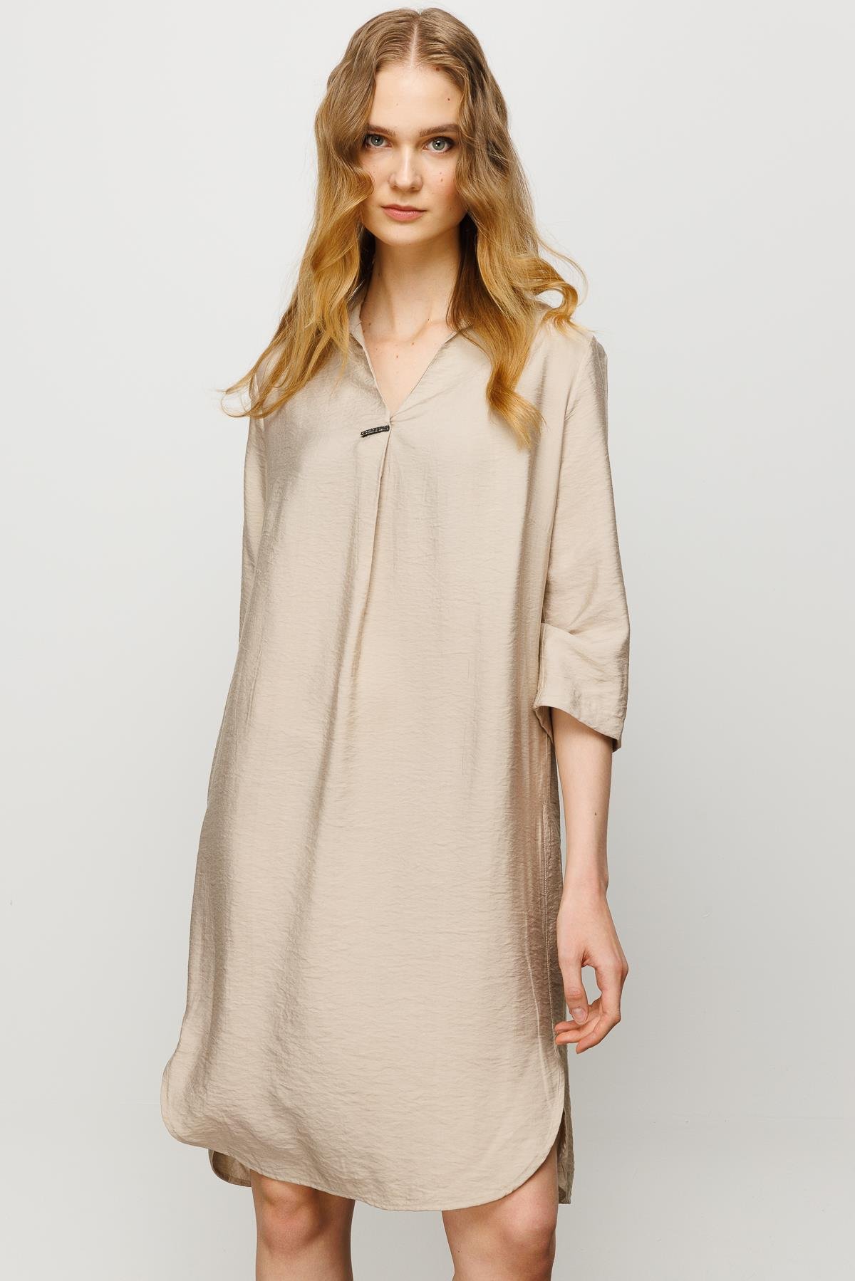 23466Kadın Gömlek Yaka Pileli Penye Elbise Vizon