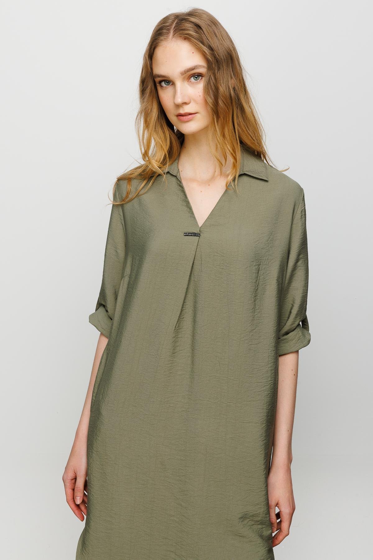 23466Kadın Gömlek Yaka Pileli Penye Elbise Haki