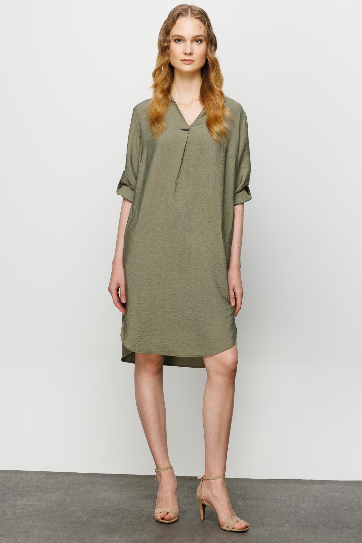 23466Kadın Gömlek Yaka Pileli Penye Elbise Haki