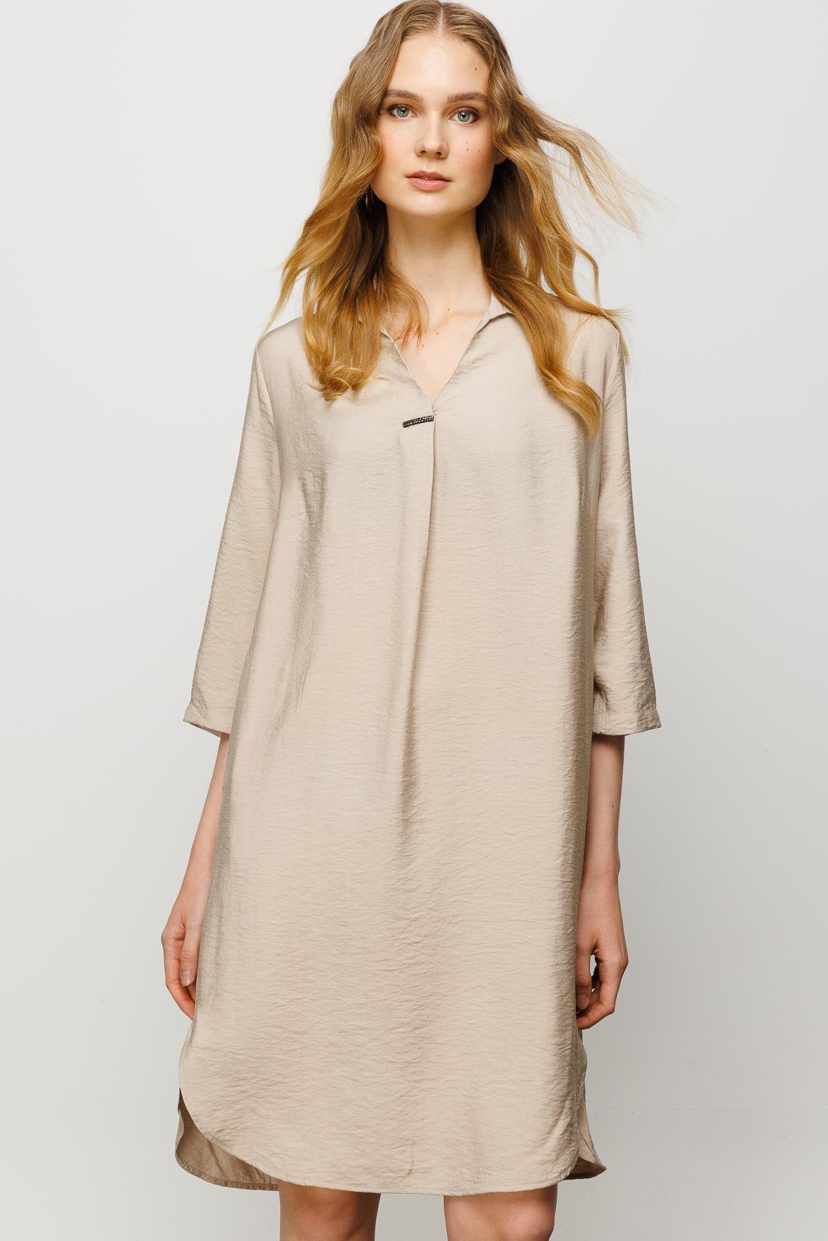 23466Kadın Gömlek Yaka Pileli Penye Elbise Vizon
