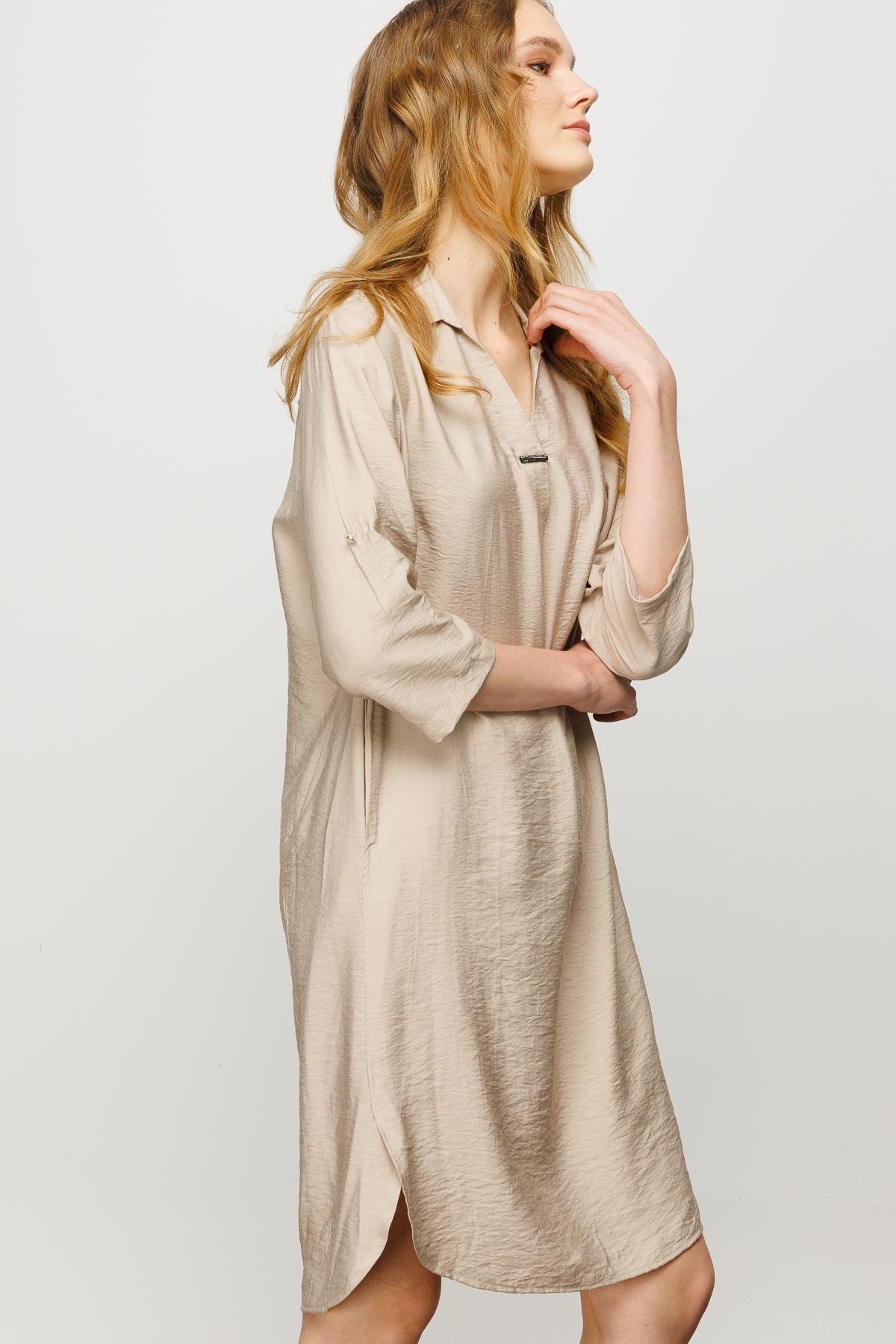 23466Kadın Gömlek Yaka Pileli Penye Elbise Vizon