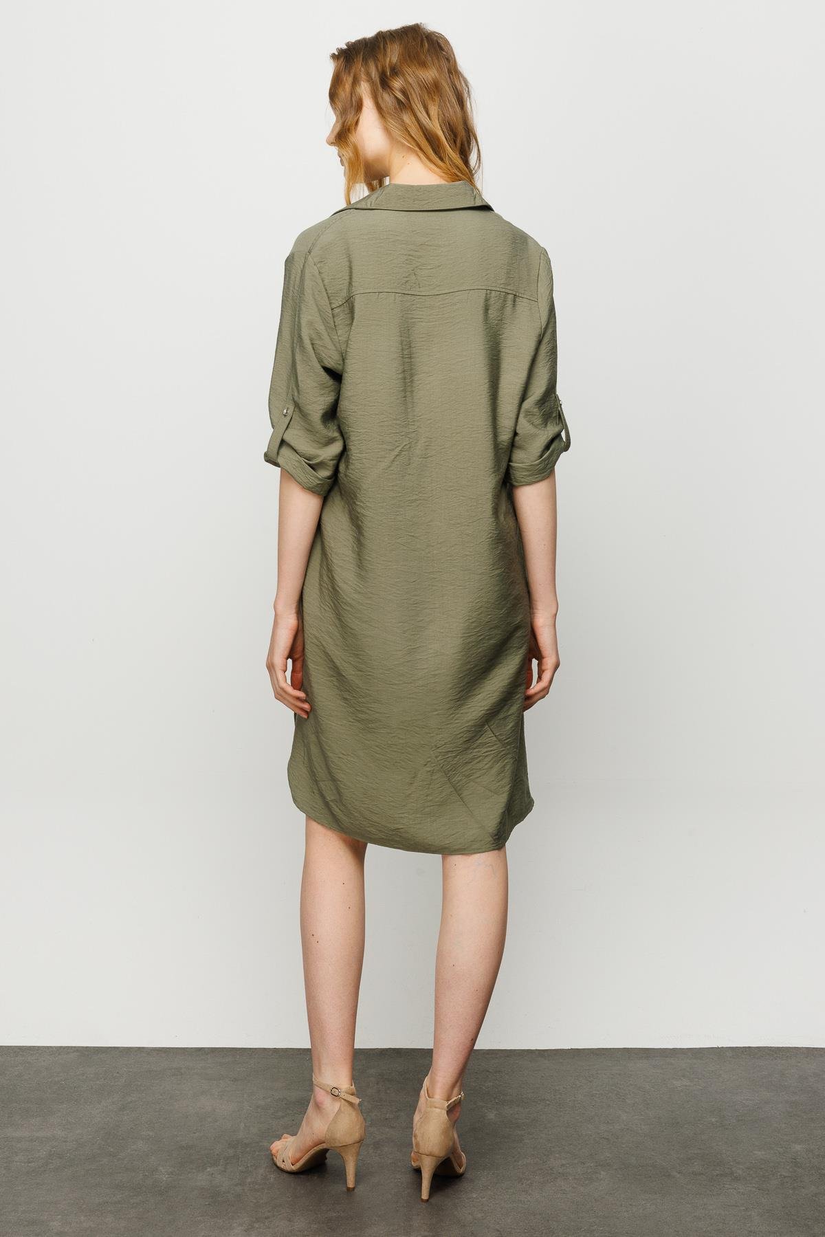 23466Kadın Gömlek Yaka Pileli Penye Elbise Haki
