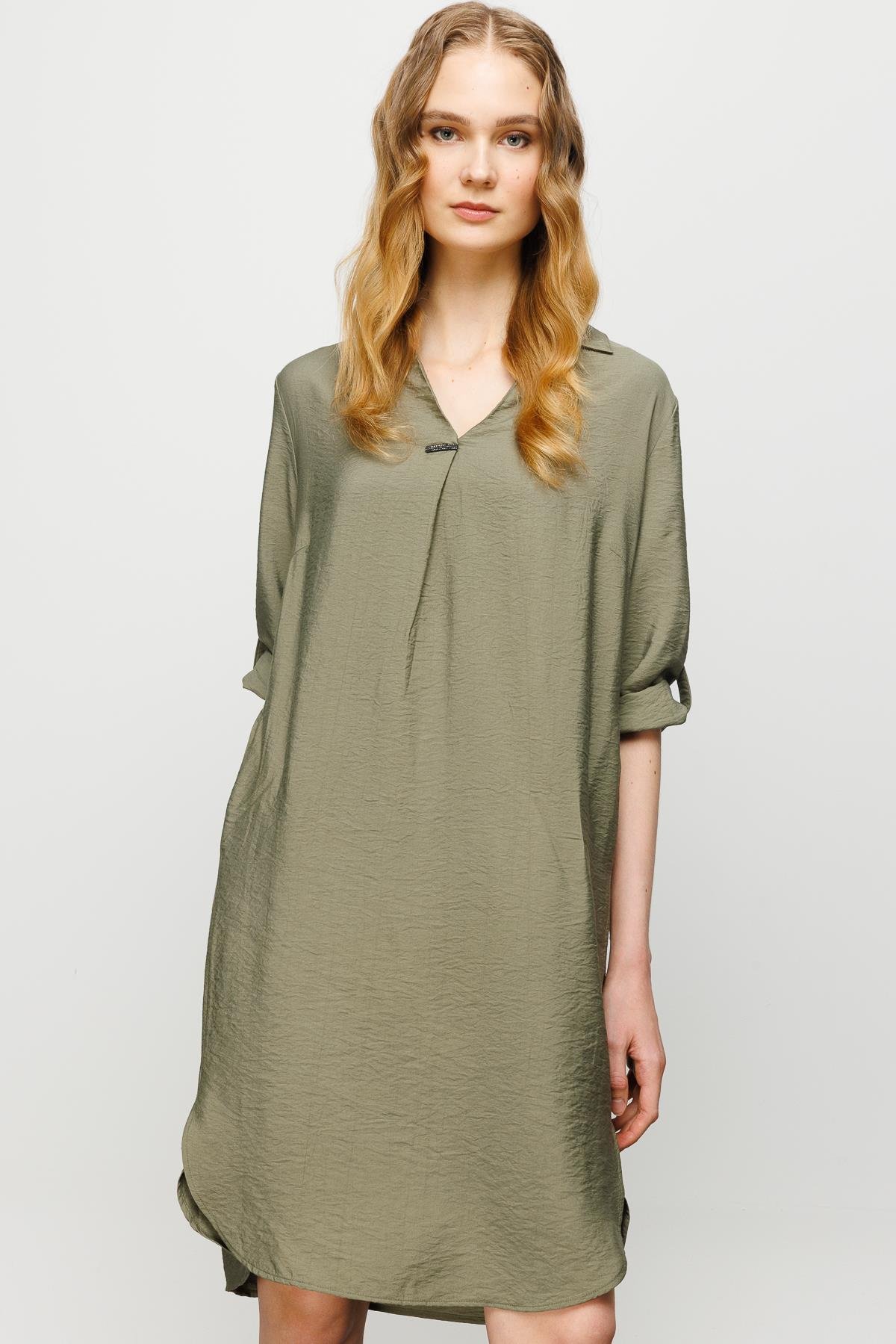 23466Kadın Gömlek Yaka Pileli Penye Elbise Haki