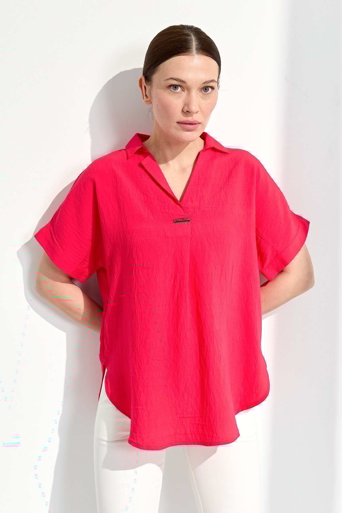 23459Kadın Gömlek Yaka Tokalı Penye T-shirt Fuşya