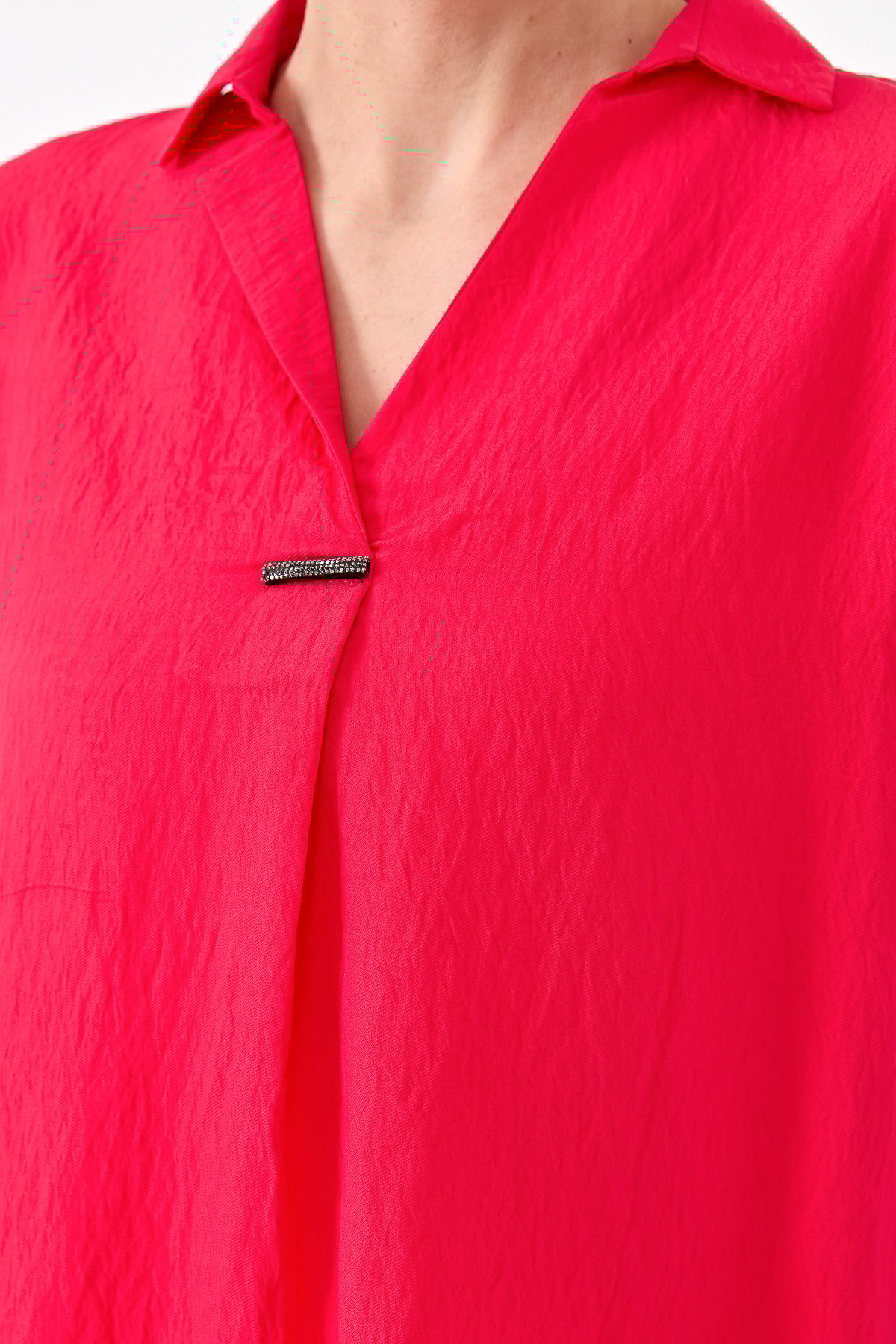 23459Kadın Gömlek Yaka Tokalı Penye T-shirt Fuşya