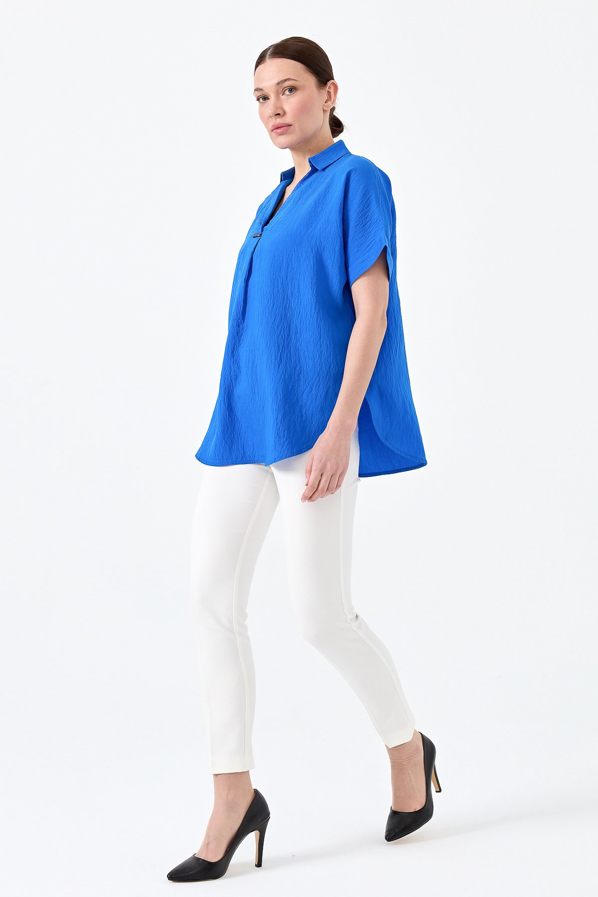 23459Kadın Gömlek Yaka Tokalı Penye T-shirt Saks