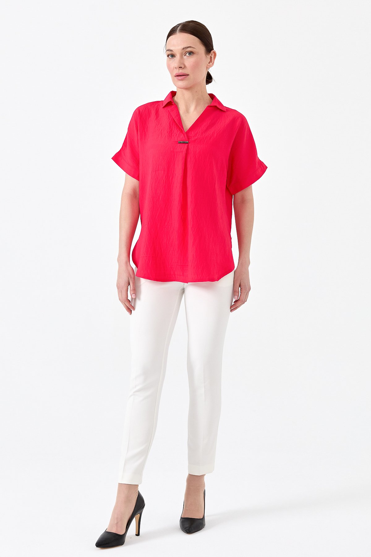 23459Kadın Gömlek Yaka Tokalı Penye T-shirt Fuşya