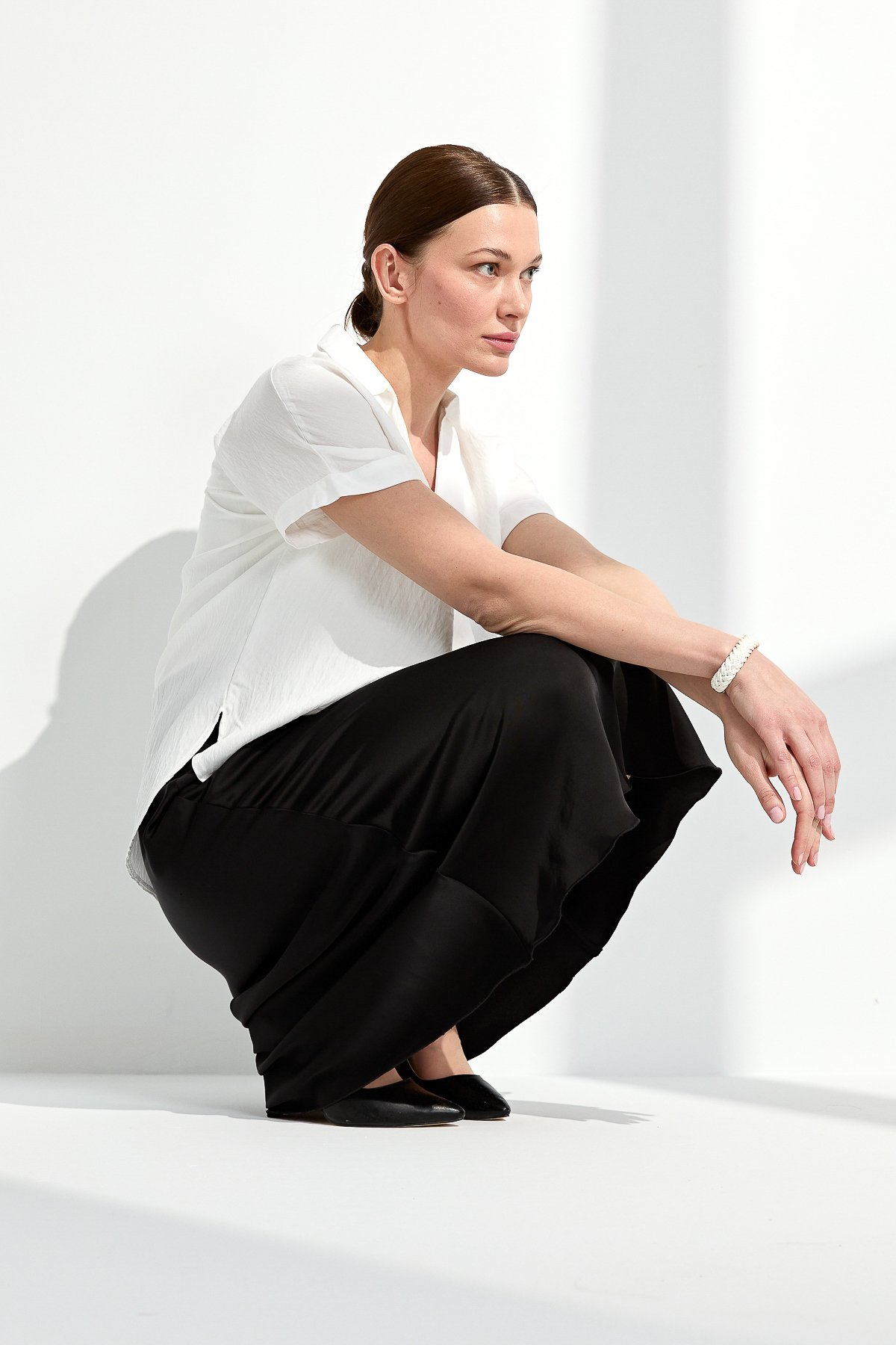 23459Kadın Gömlek Yaka Tokalı Penye T-shirt Ekru