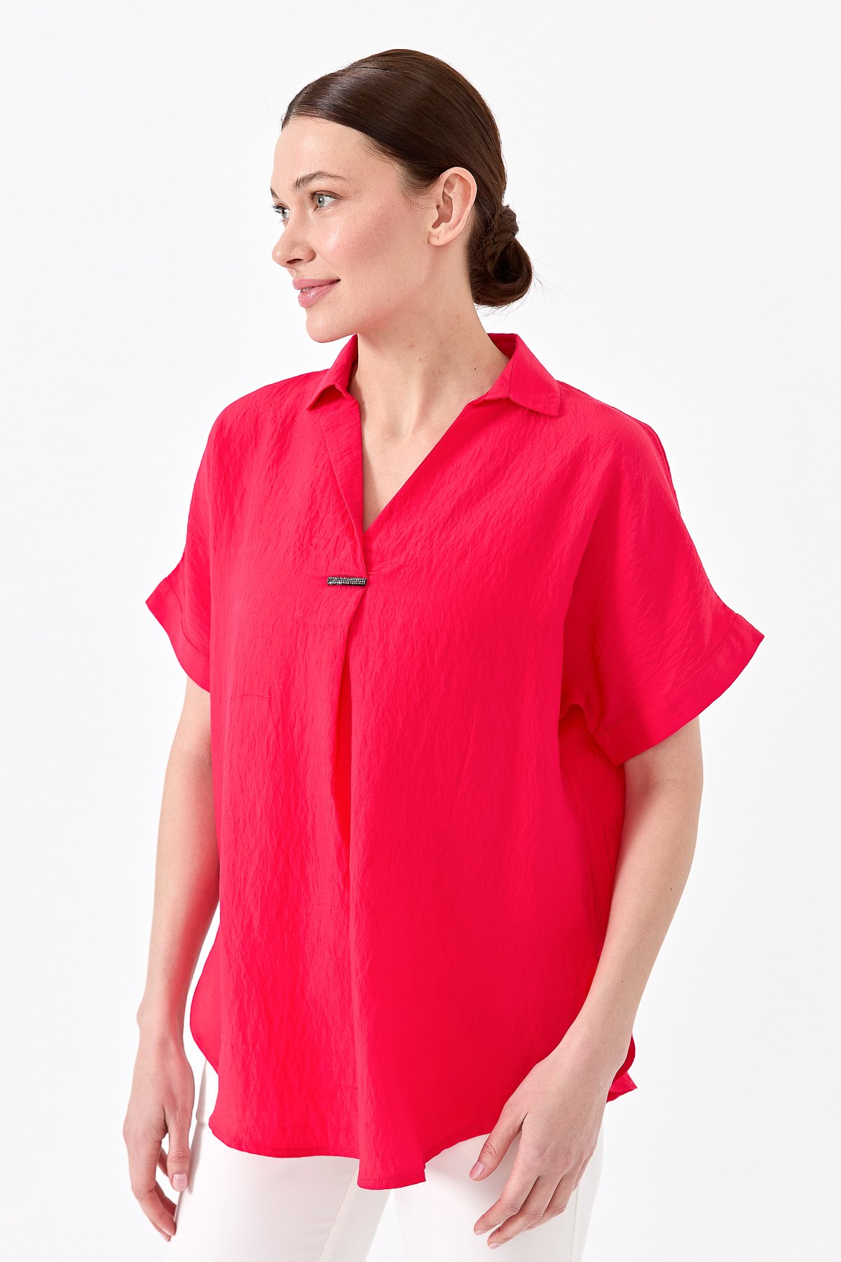 23459Kadın Gömlek Yaka Tokalı Penye T-shirt Fuşya
