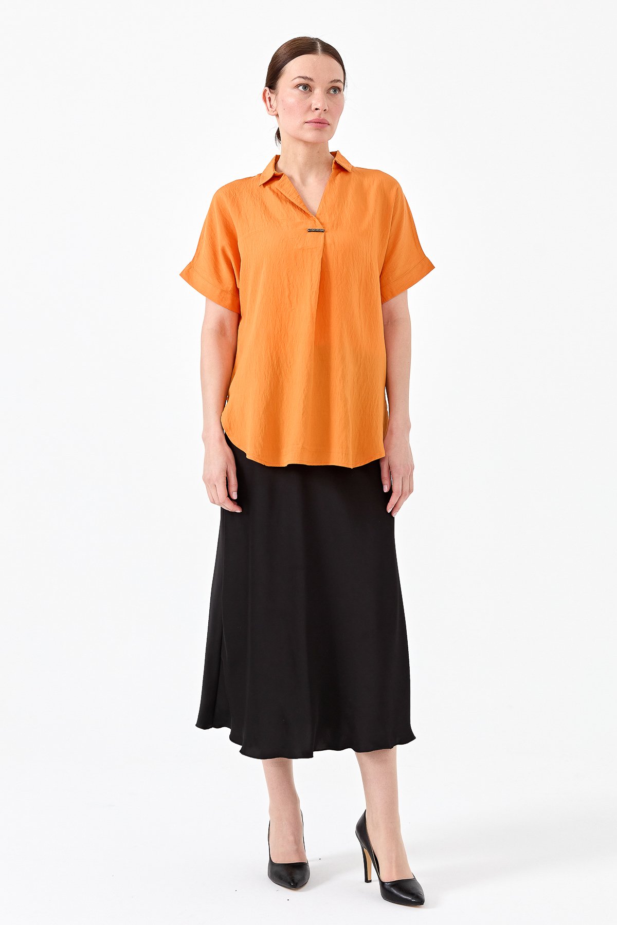 23459Kadın Gömlek Yaka Tokalı Penye T-shirt Oranj