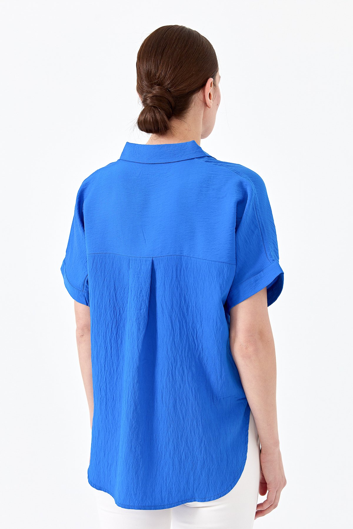 23459Kadın Gömlek Yaka Tokalı Penye T-shirt Saks