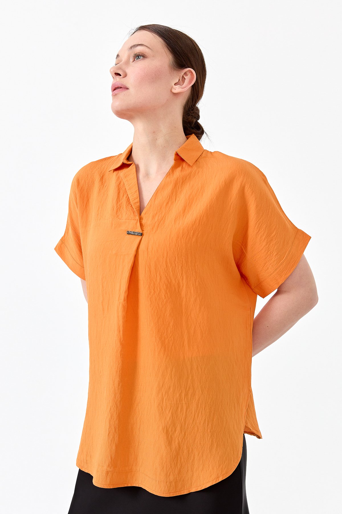 23459Kadın Gömlek Yaka Tokalı Penye T-shirt Oranj