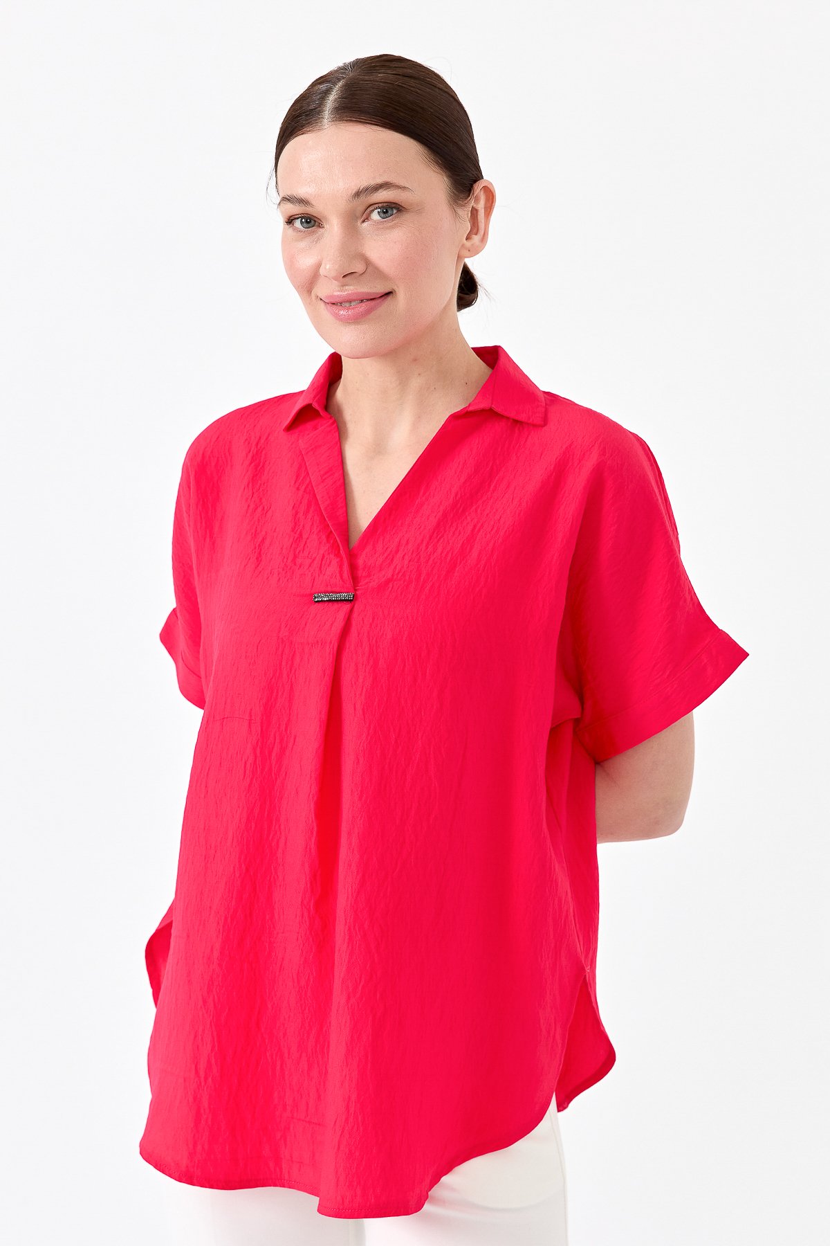 23459Kadın Gömlek Yaka Tokalı Penye T-shirt Fuşya
