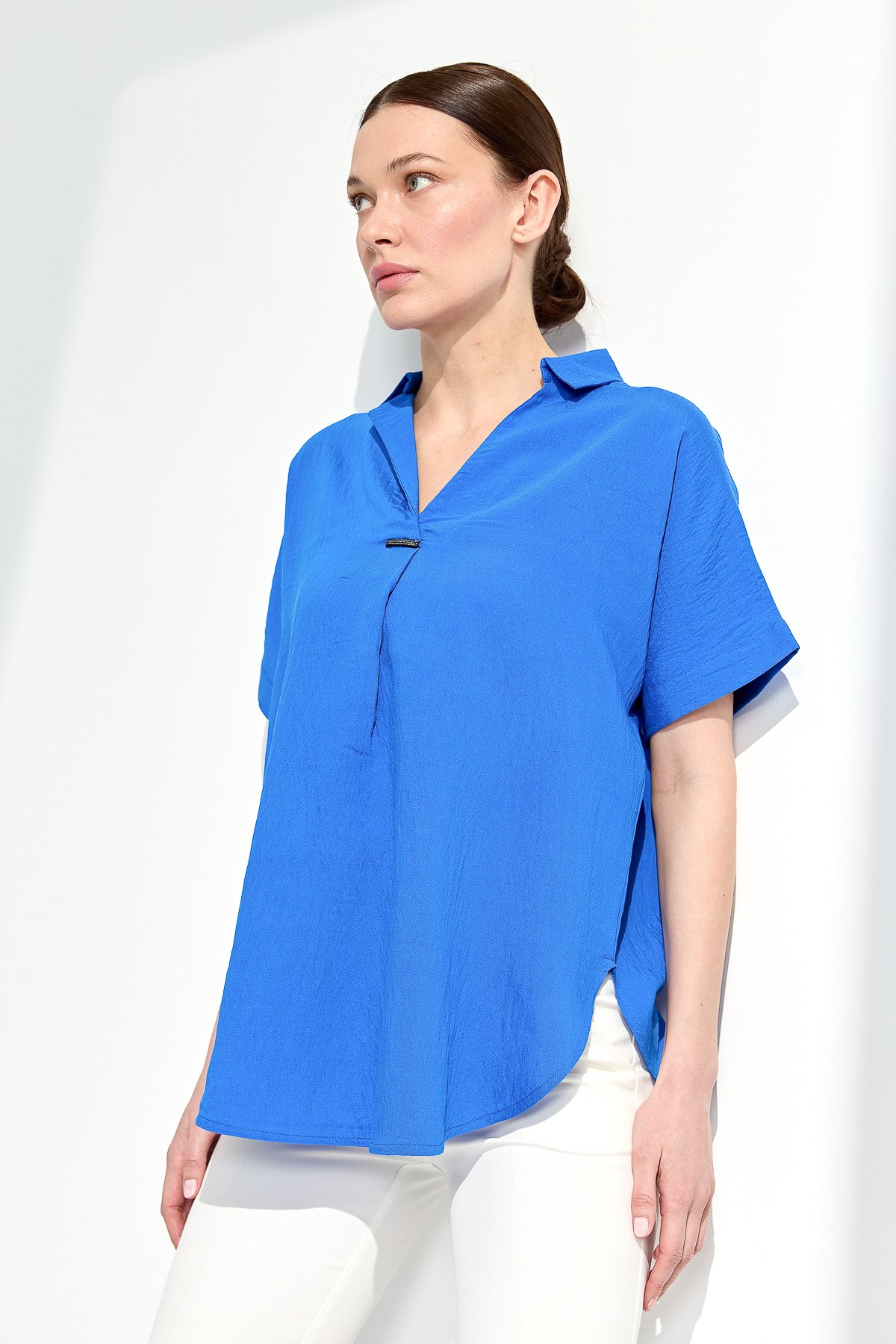 23459Kadın Gömlek Yaka Tokalı Penye T-shirt Saks