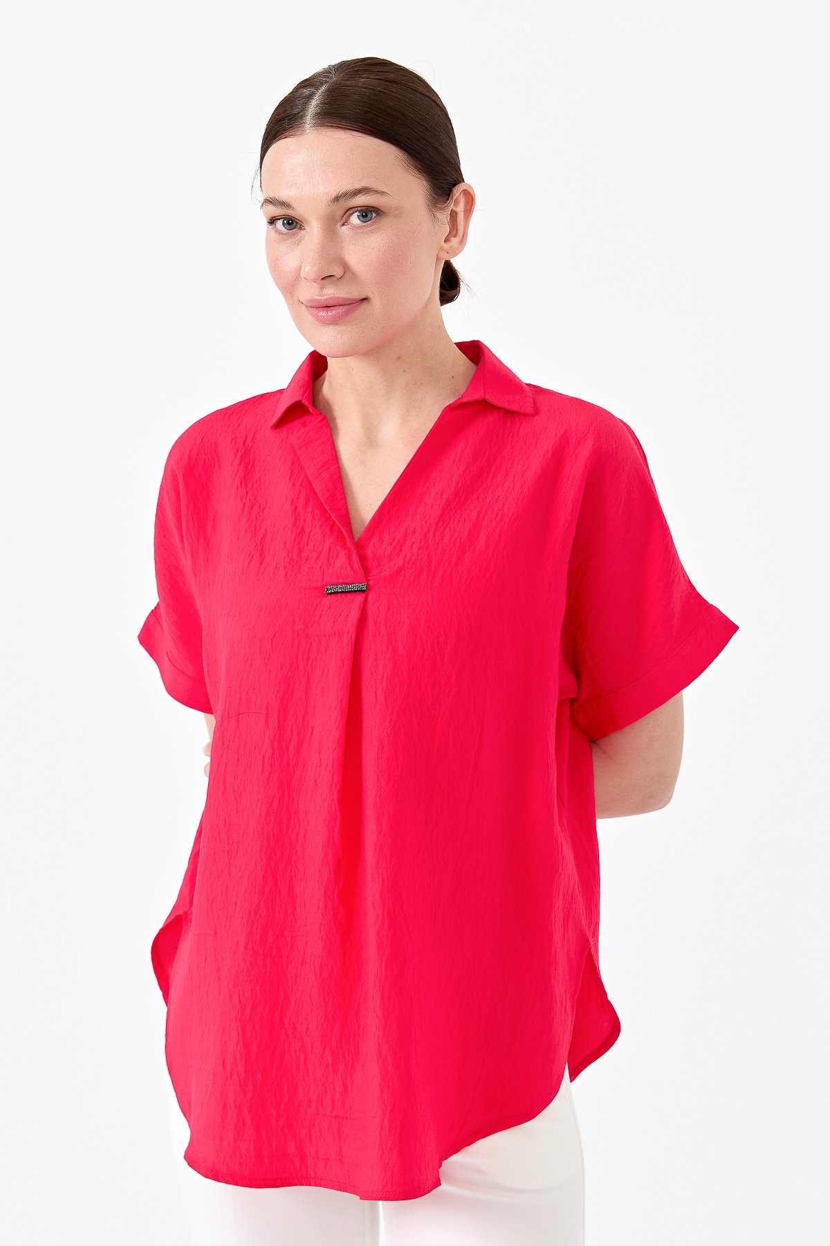 23459Kadın Gömlek Yaka Tokalı Penye T-shirt Fuşya
