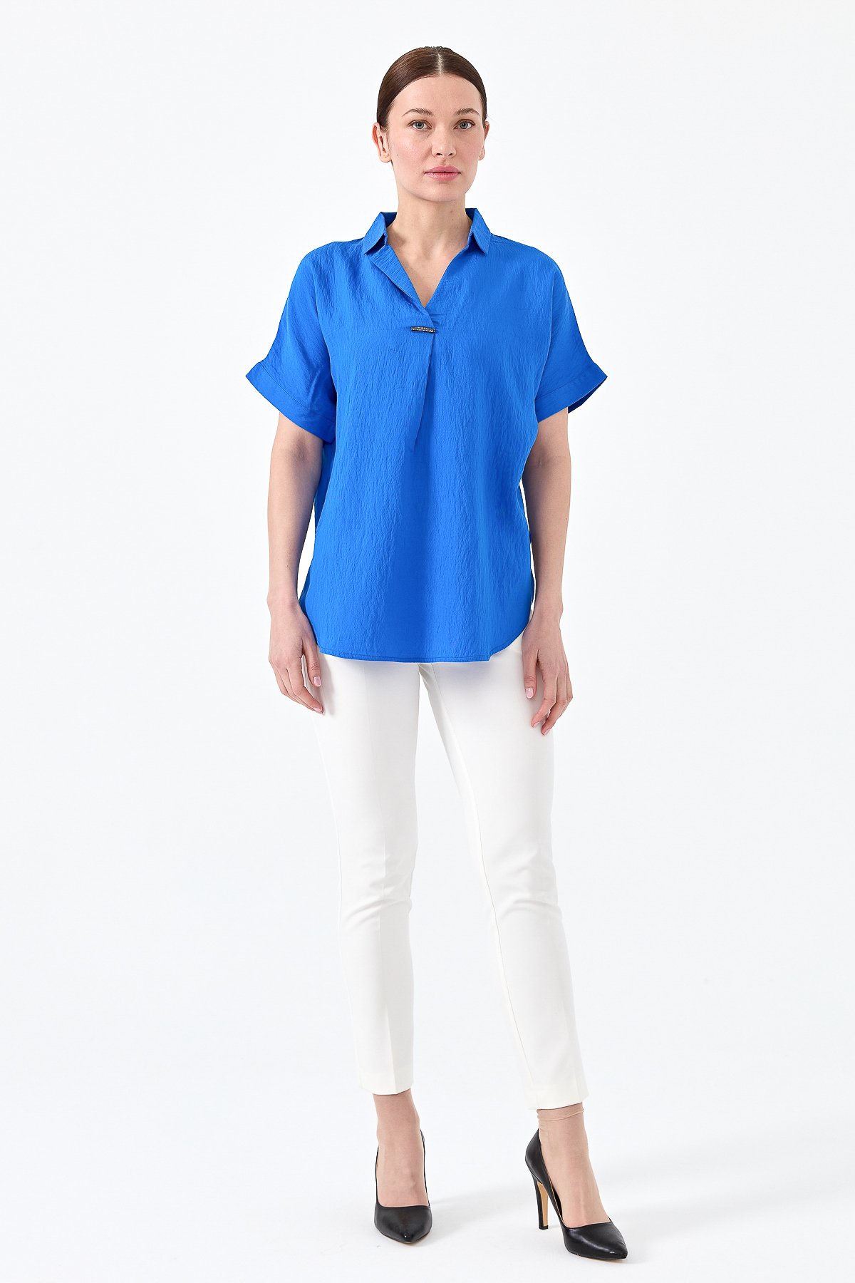 23459Kadın Gömlek Yaka Tokalı Penye T-shirt Saks