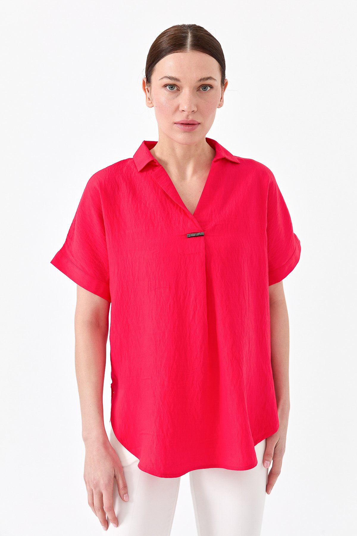 23459Kadın Gömlek Yaka Tokalı Penye T-shirt Fuşya