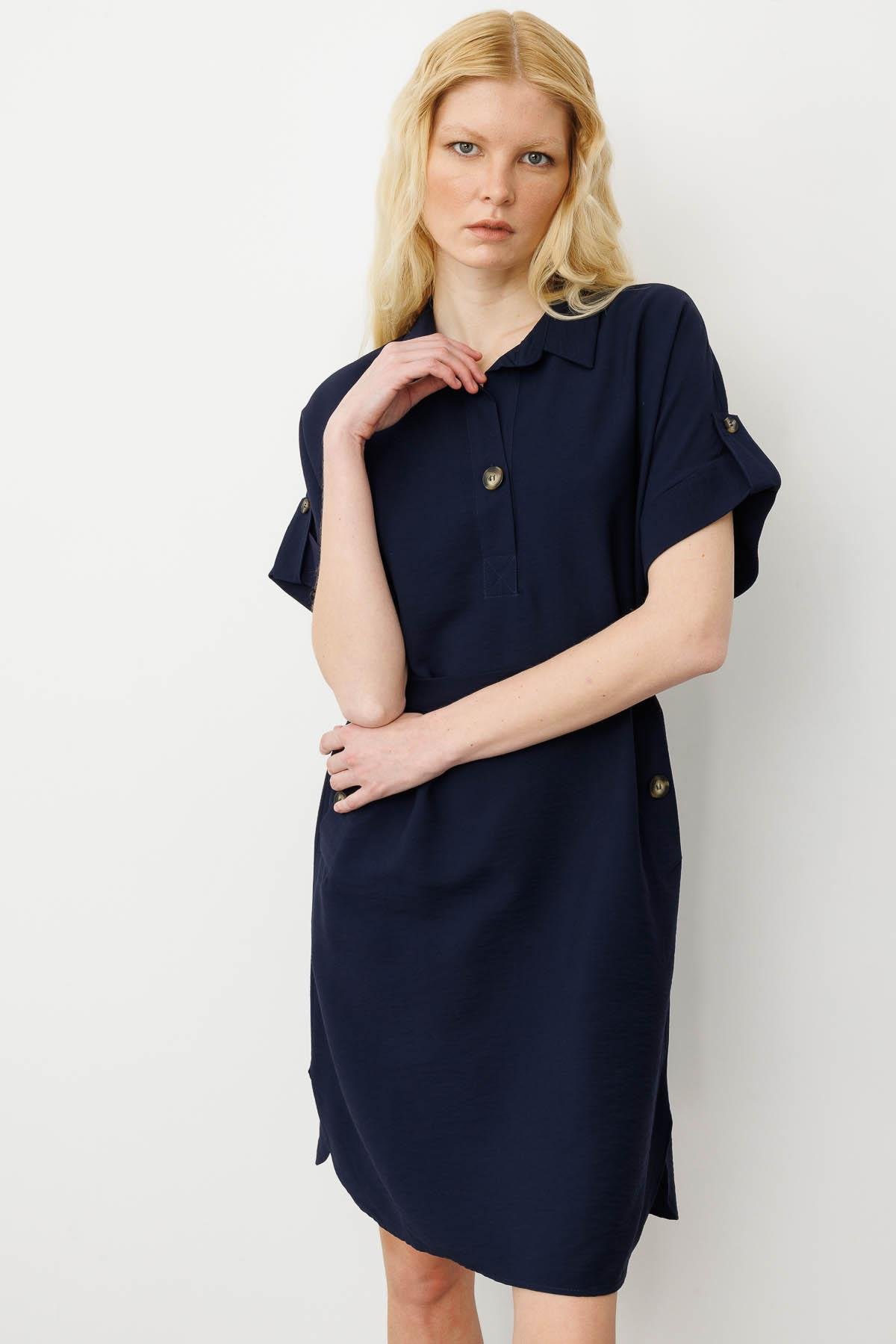 KMY24078Kadın Gömlek Yaka Yakası ve Cebi Düğmeli Elbise Lacivert