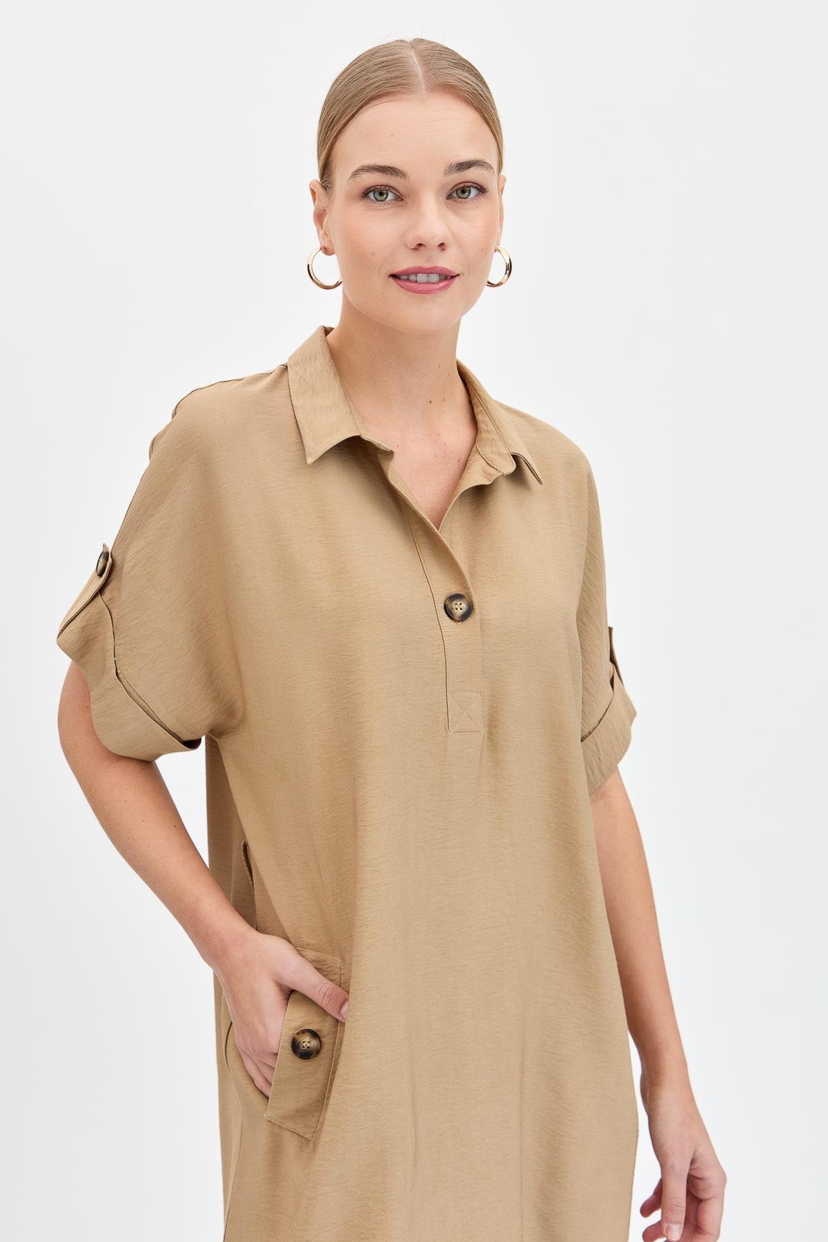 KMY24078Kadın Gömlek Yaka Yakası ve Cebi Düğmeli Elbise Vizon