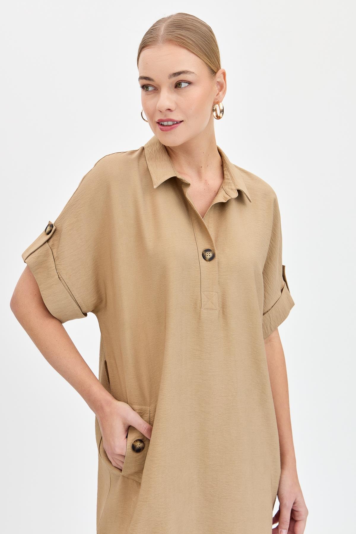 KMY24078Kadın Gömlek Yaka Yakası ve Cebi Düğmeli Elbise Vizon