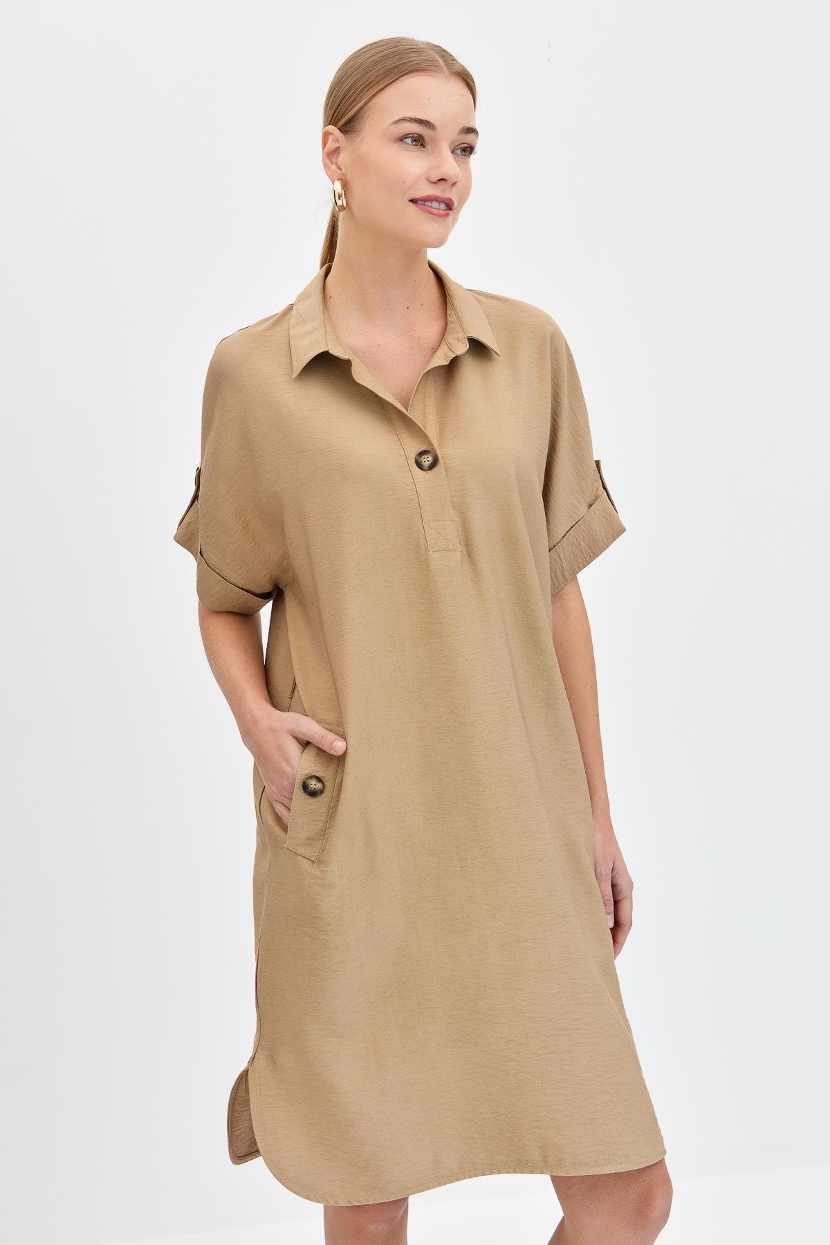 KMY24078Kadın Gömlek Yaka Yakası ve Cebi Düğmeli Elbise Vizon