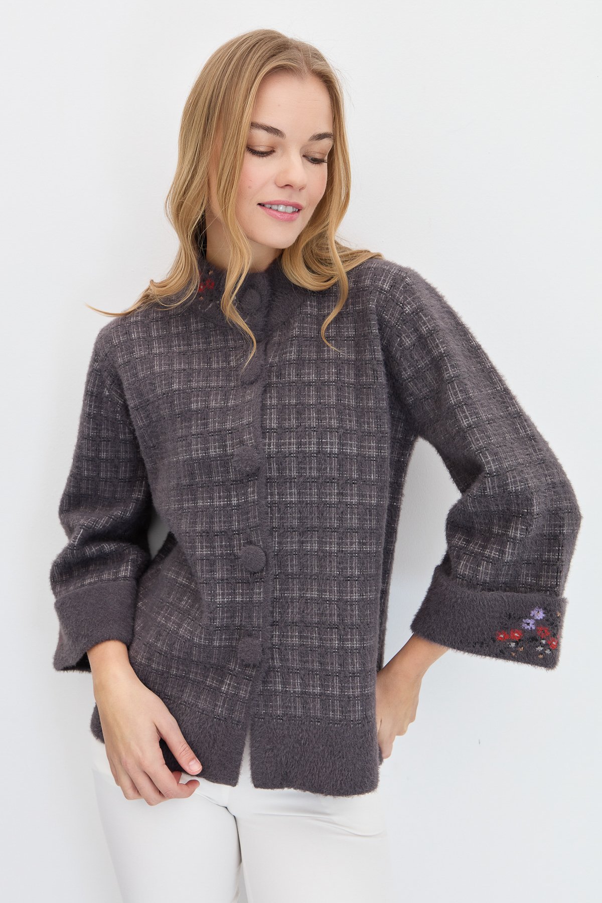 23398Kadın Hakim Yaka Düğmeli Ceket K.Füme