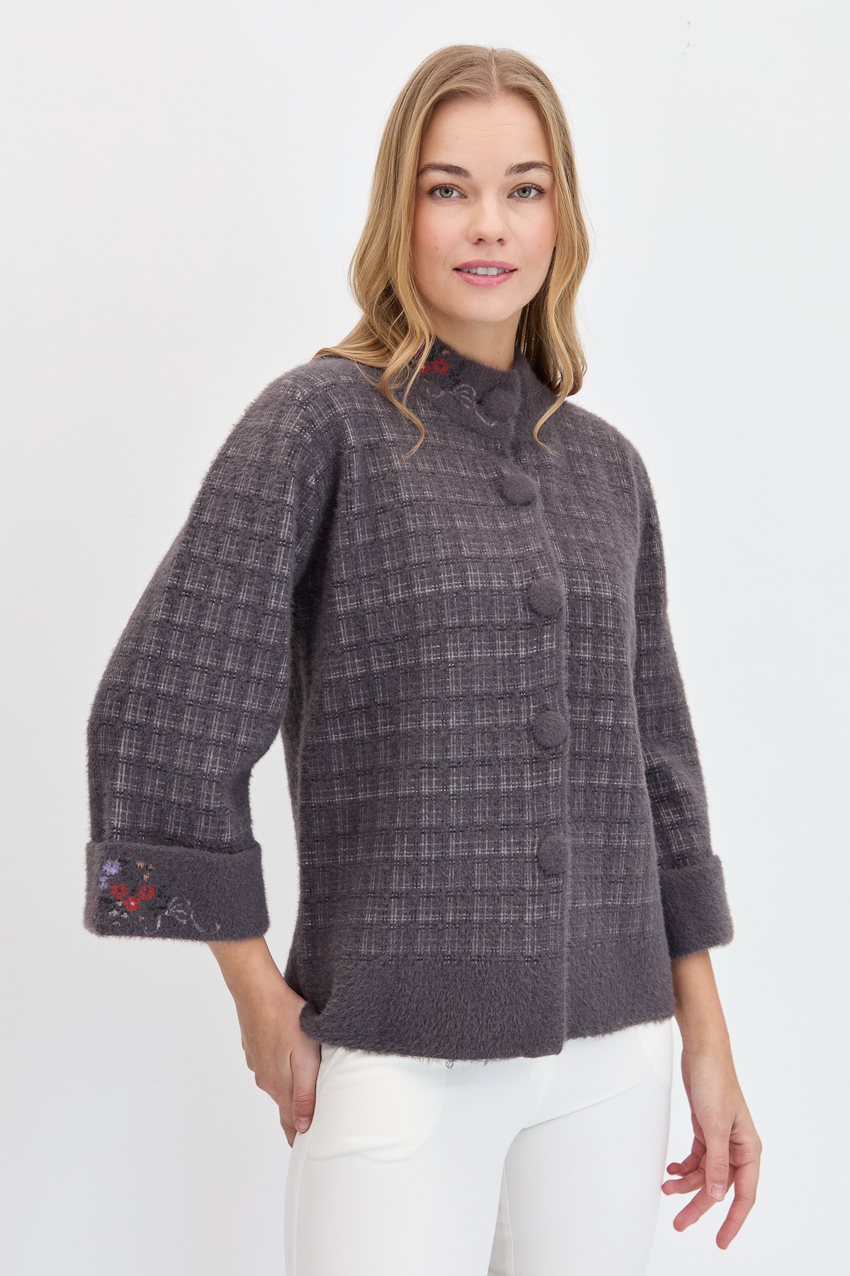 23398Kadın Hakim Yaka Düğmeli Ceket K.Füme