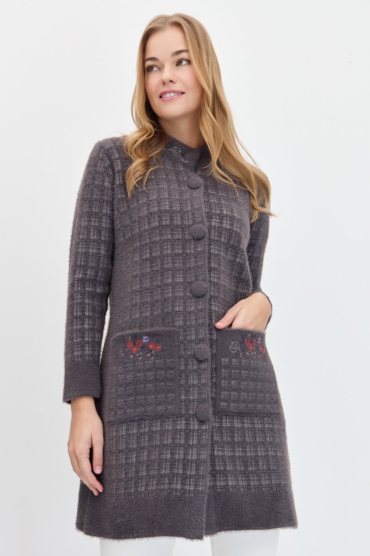 23399Kadın Hakim Yaka Düğmeli Uzun Kaban K.Füme