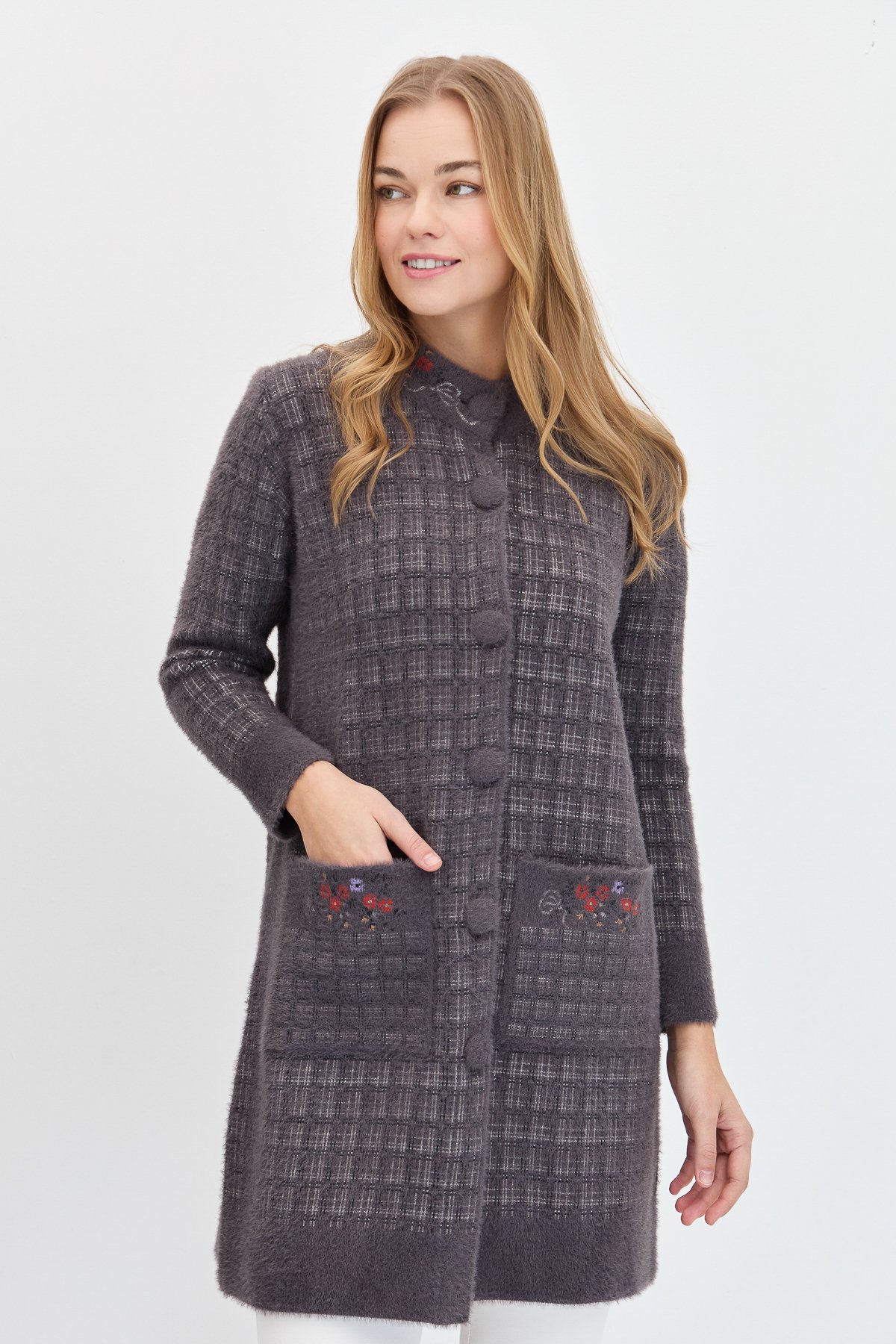 23399Kadın Hakim Yaka Düğmeli Uzun Kaban K.Füme