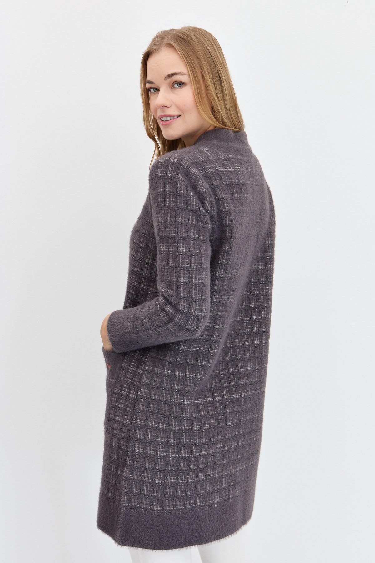 23399Kadın Hakim Yaka Düğmeli Uzun Kaban K.Füme