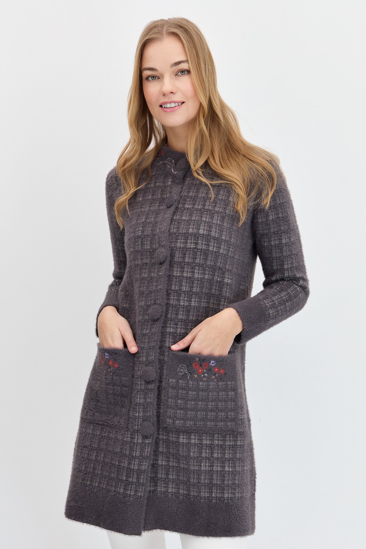 23399Kadın Hakim Yaka Düğmeli Uzun Kaban K.Füme