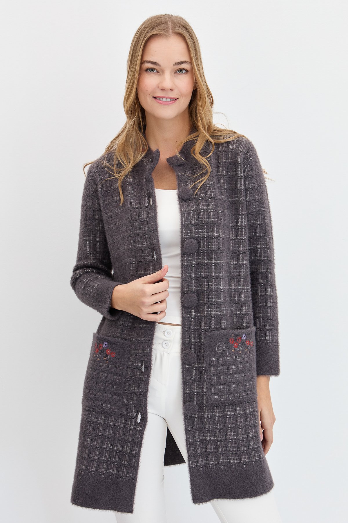 23399Kadın Hakim Yaka Düğmeli Uzun Kaban K.Füme