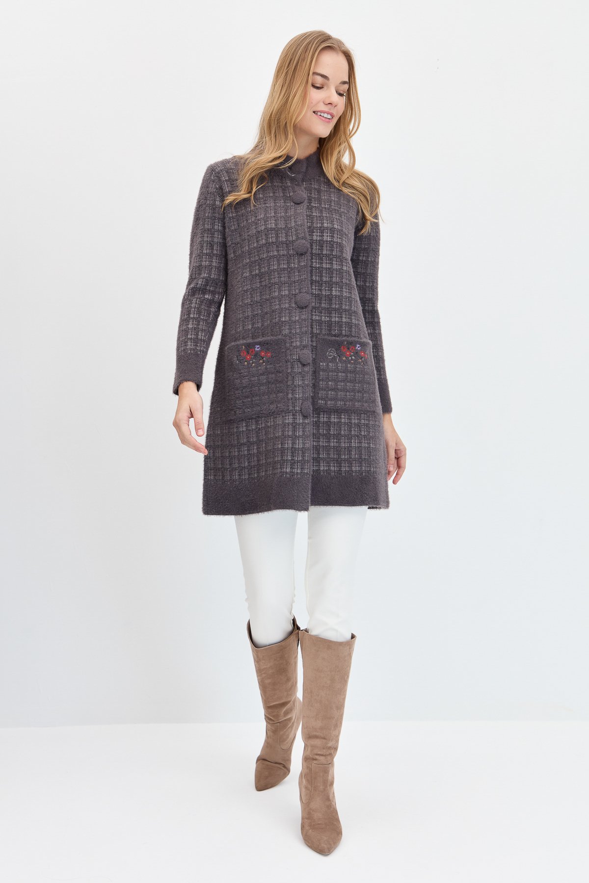 23399Kadın Hakim Yaka Düğmeli Uzun Kaban K.Füme