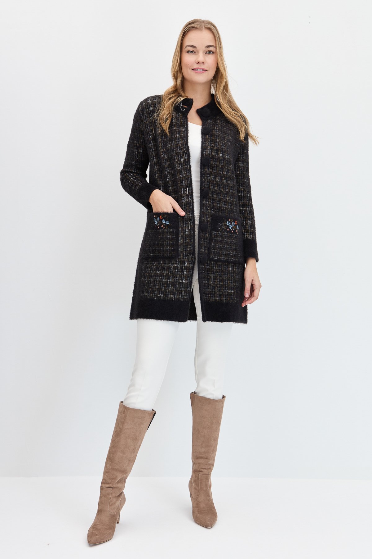 23399Kadın Hakim Yaka Düğmeli Uzun Kaban Siyah