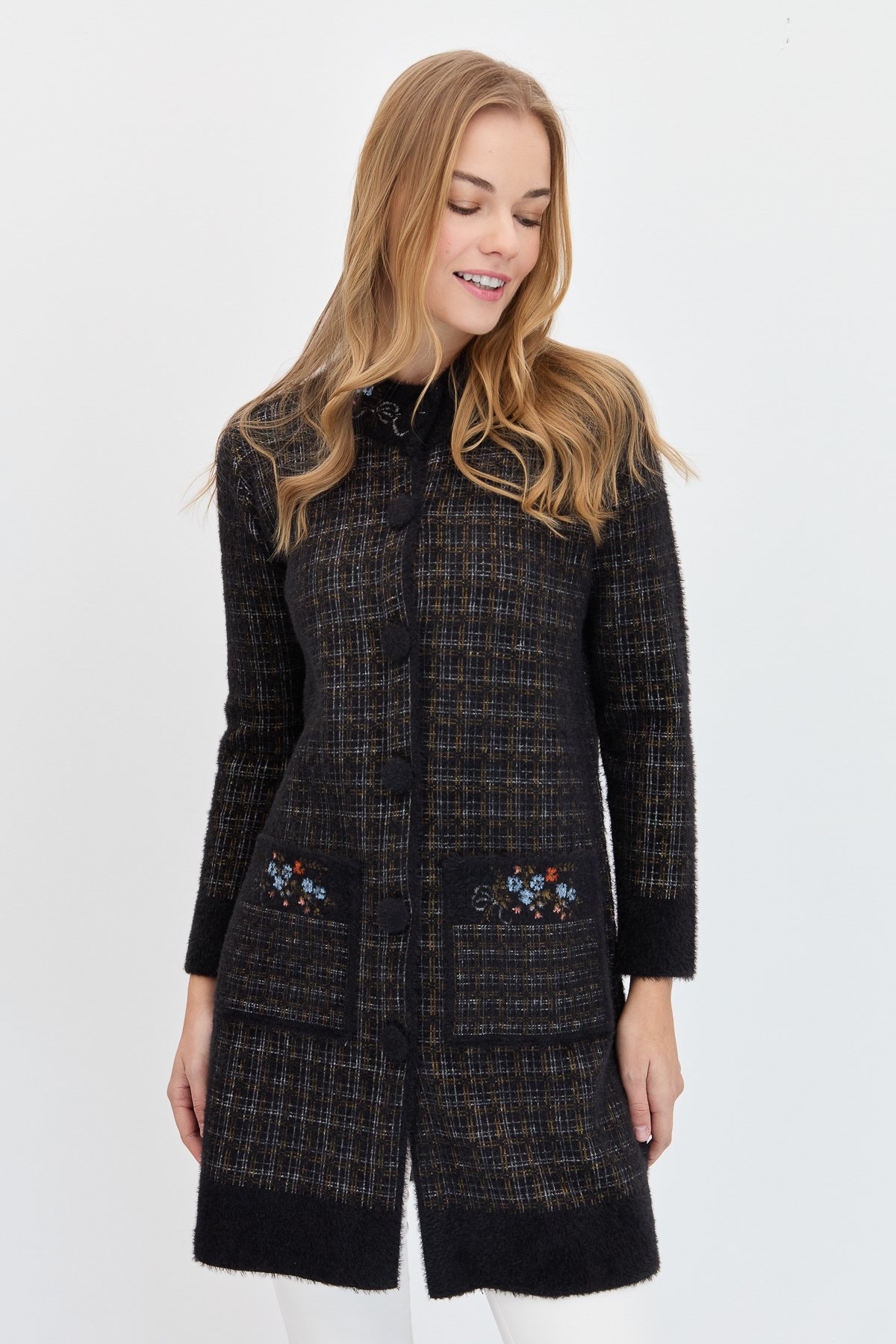 23399Kadın Hakim Yaka Düğmeli Uzun Kaban Siyah