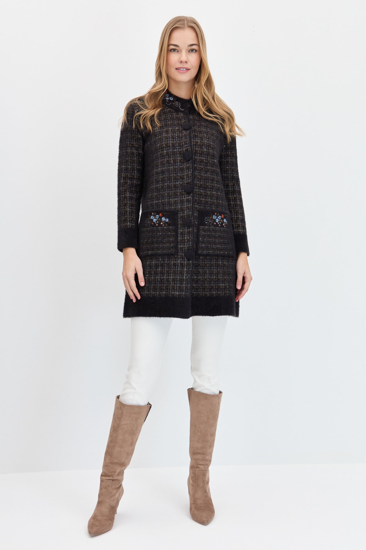 23399Kadın Hakim Yaka Düğmeli Uzun Kaban Siyah