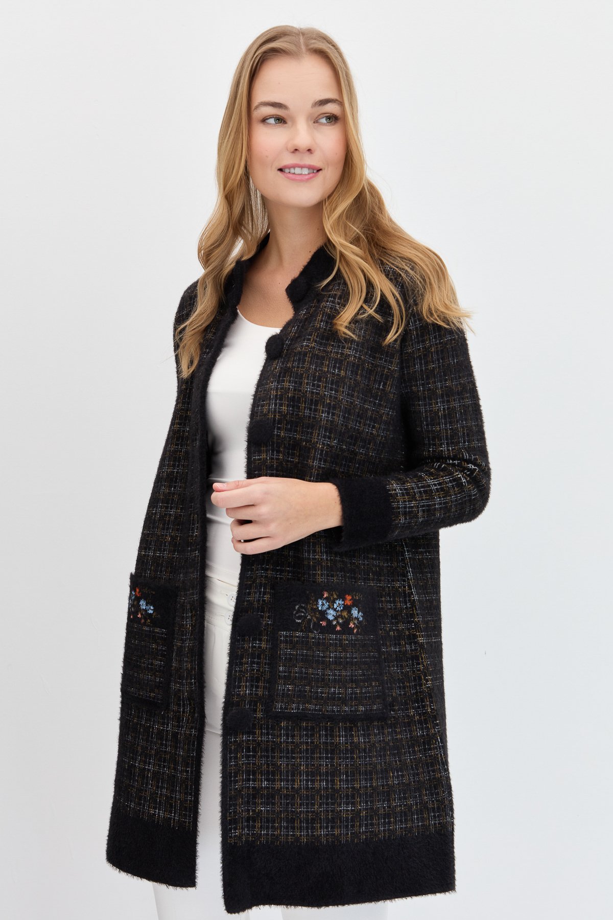 23399Kadın Hakim Yaka Düğmeli Uzun Kaban Siyah