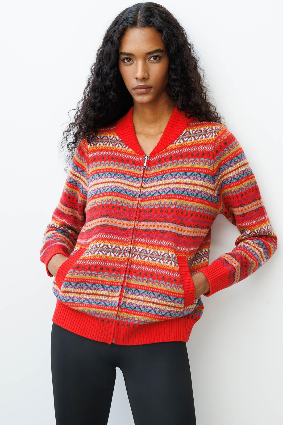 25102Kadın Hakim Yaka Jakarlı Yün Hırka Mercan