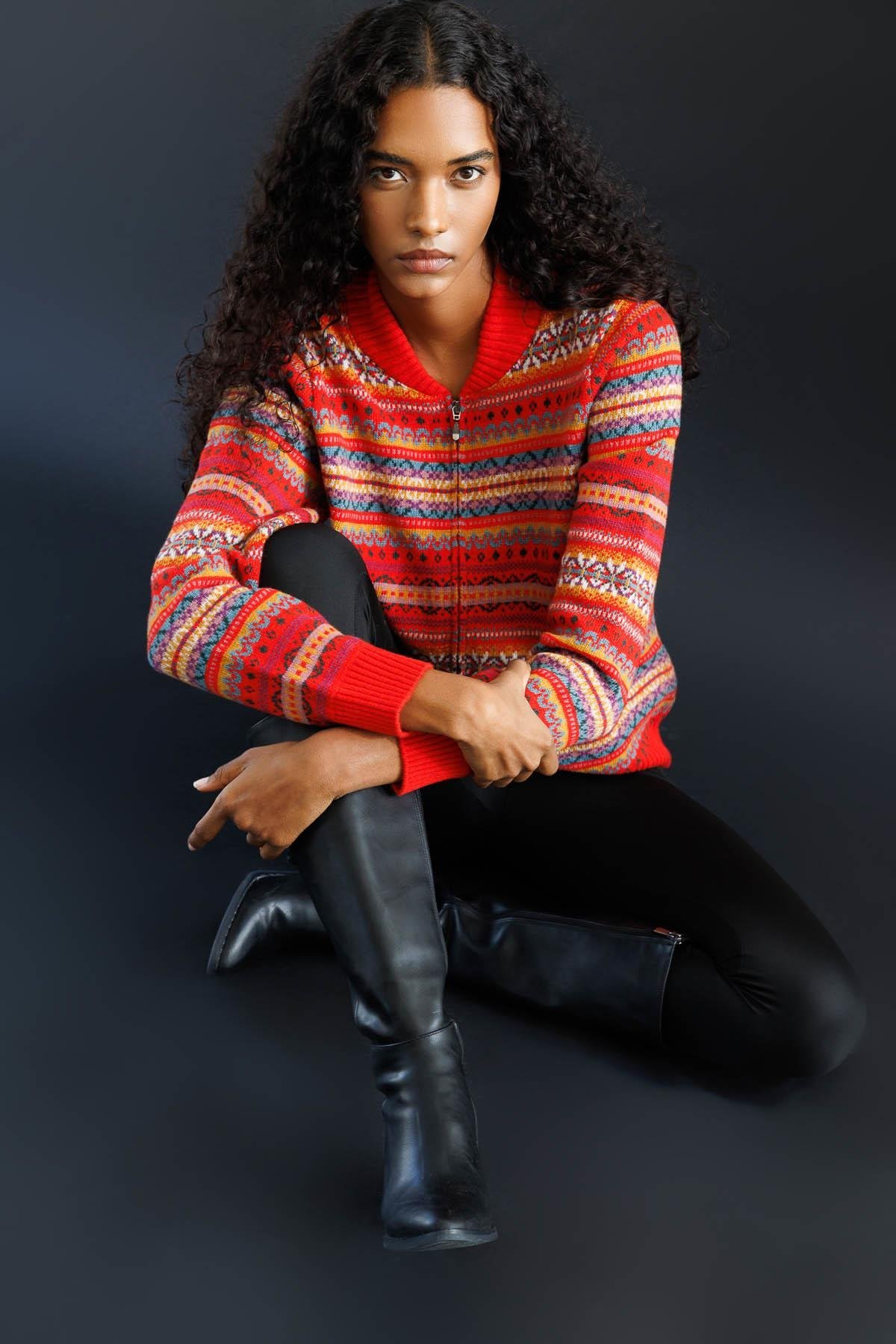 25102Kadın Hakim Yaka Jakarlı Yün Hırka Mercan