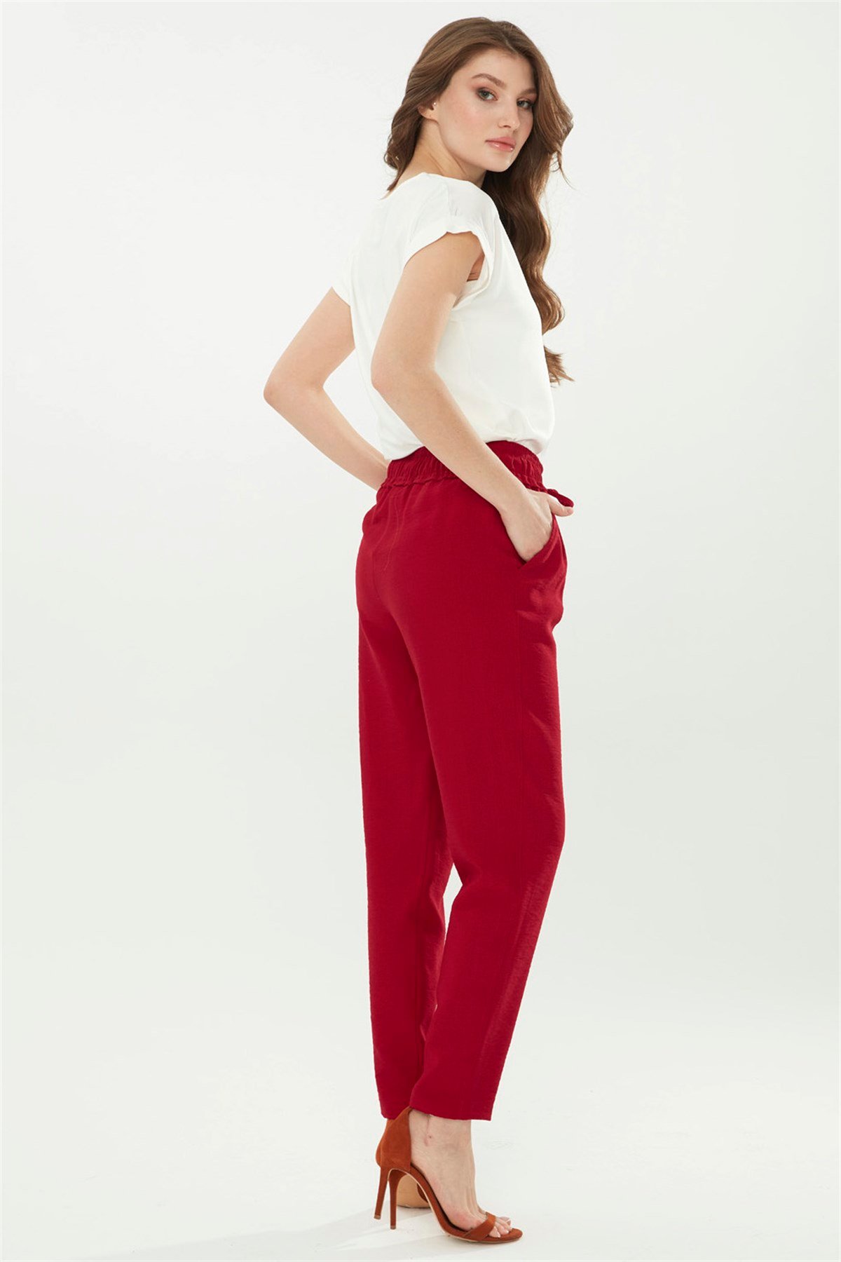 21972Kadın Havuç Paça Keten Pantolon Kırmızı