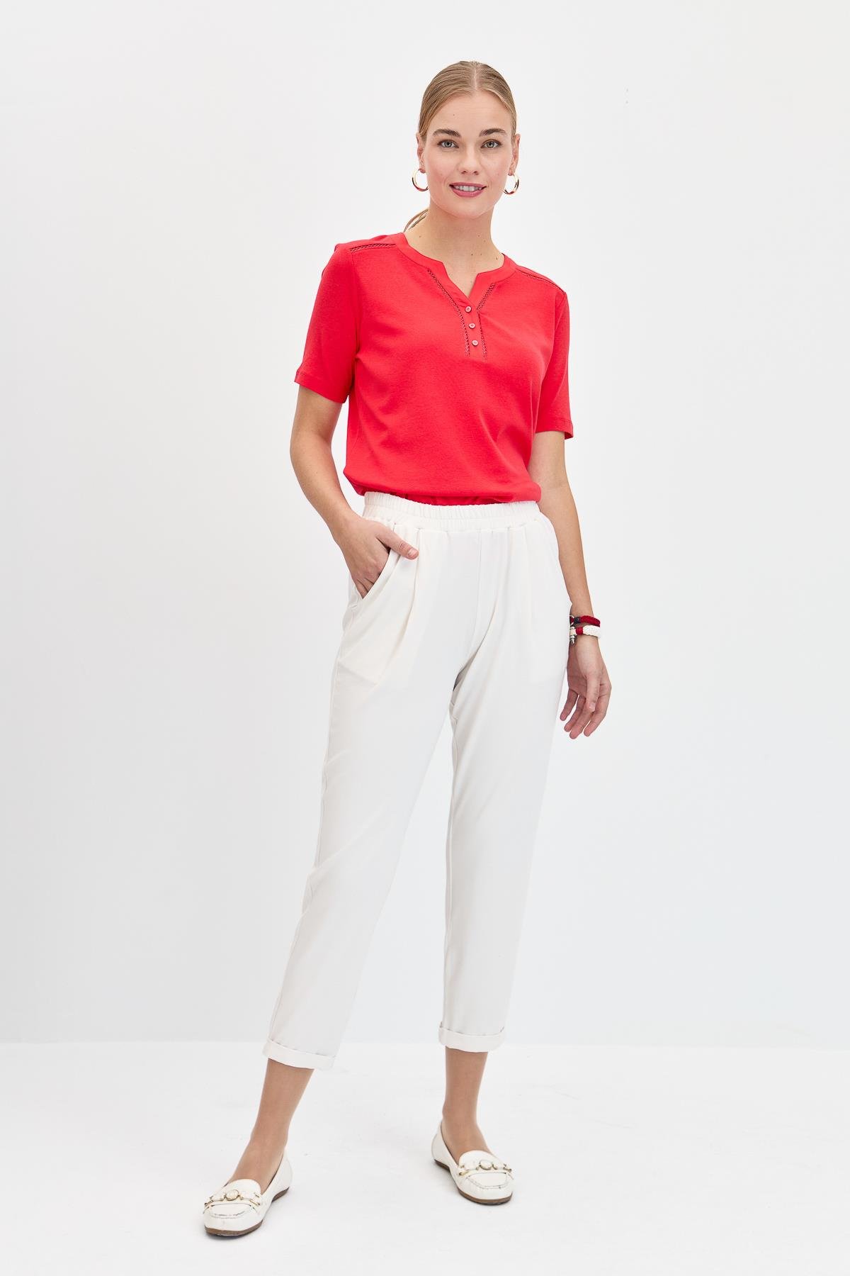 22722Kadın Havuç Paça Penye Pantolon Ekru