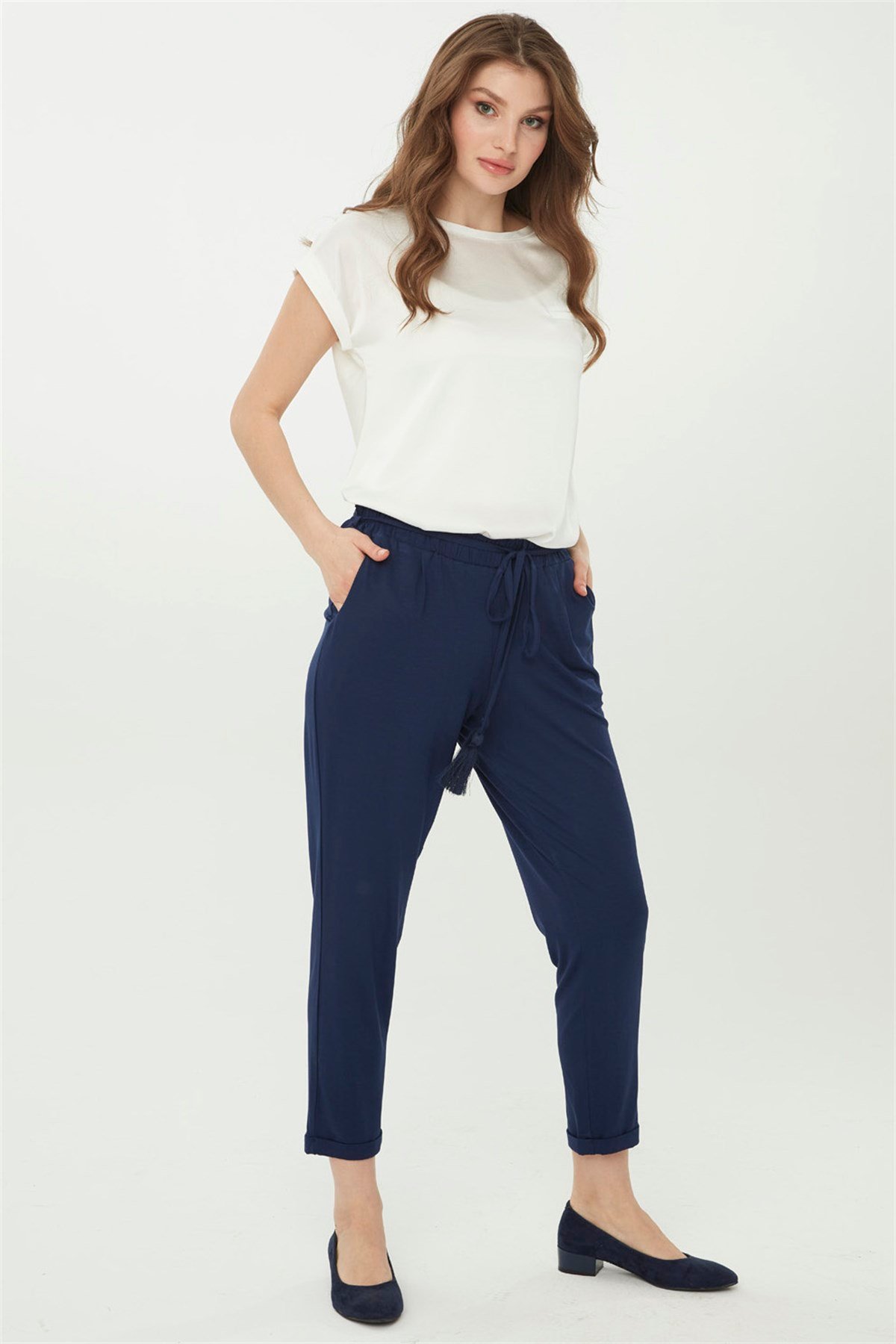 22722Kadın Havuç Paça Penye Pantolon Lacivert