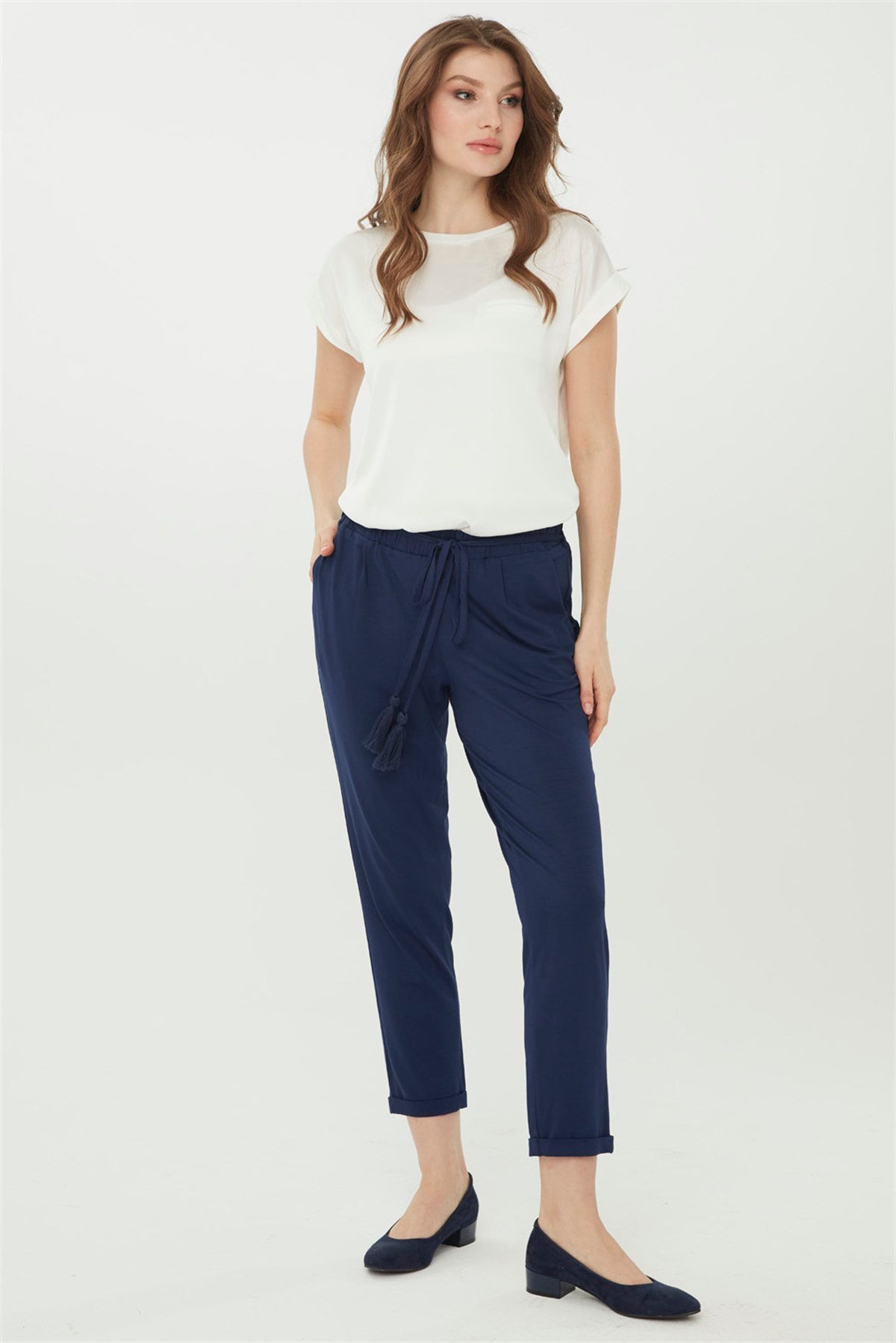 22722Kadın Havuç Paça Penye Pantolon Lacivert