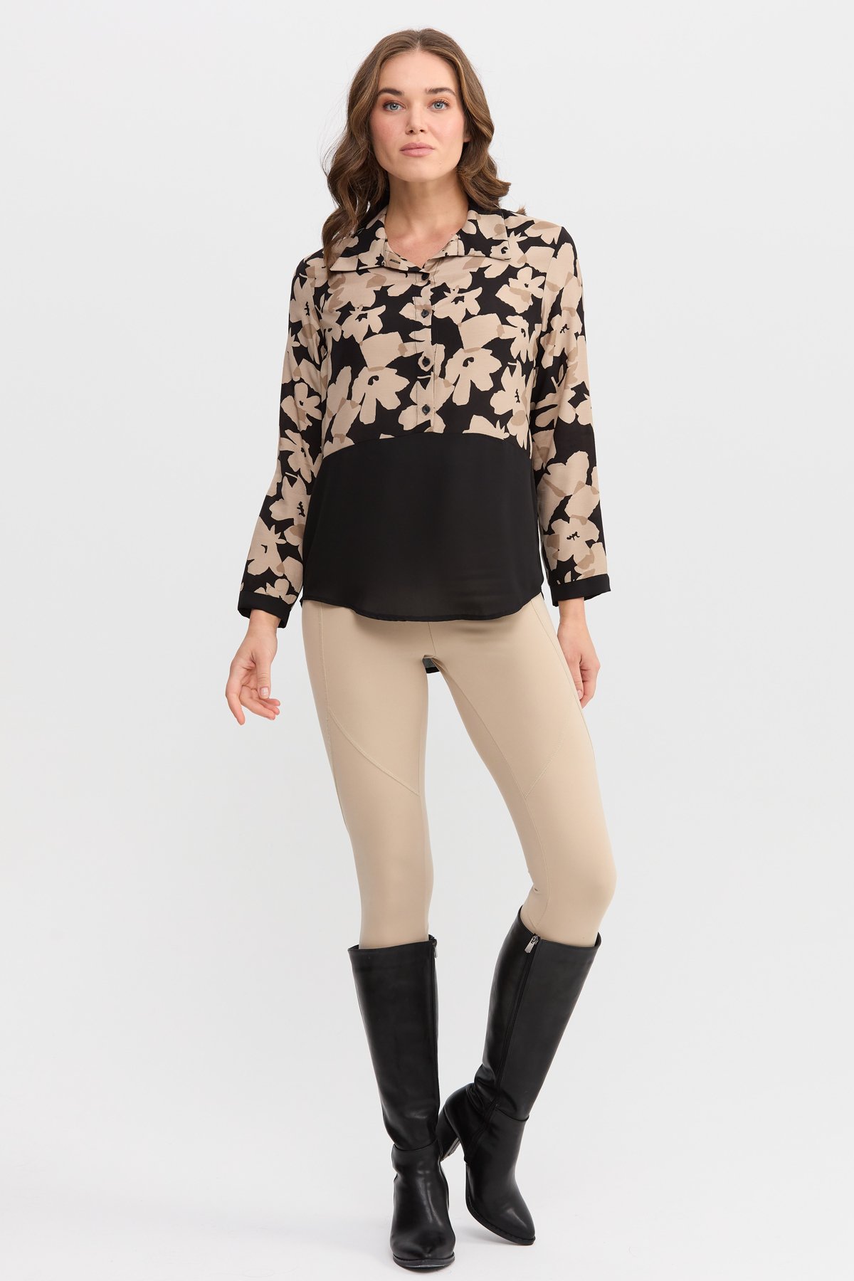 22819Kadın İki Renkli Çiçekli Gömlek Siyah