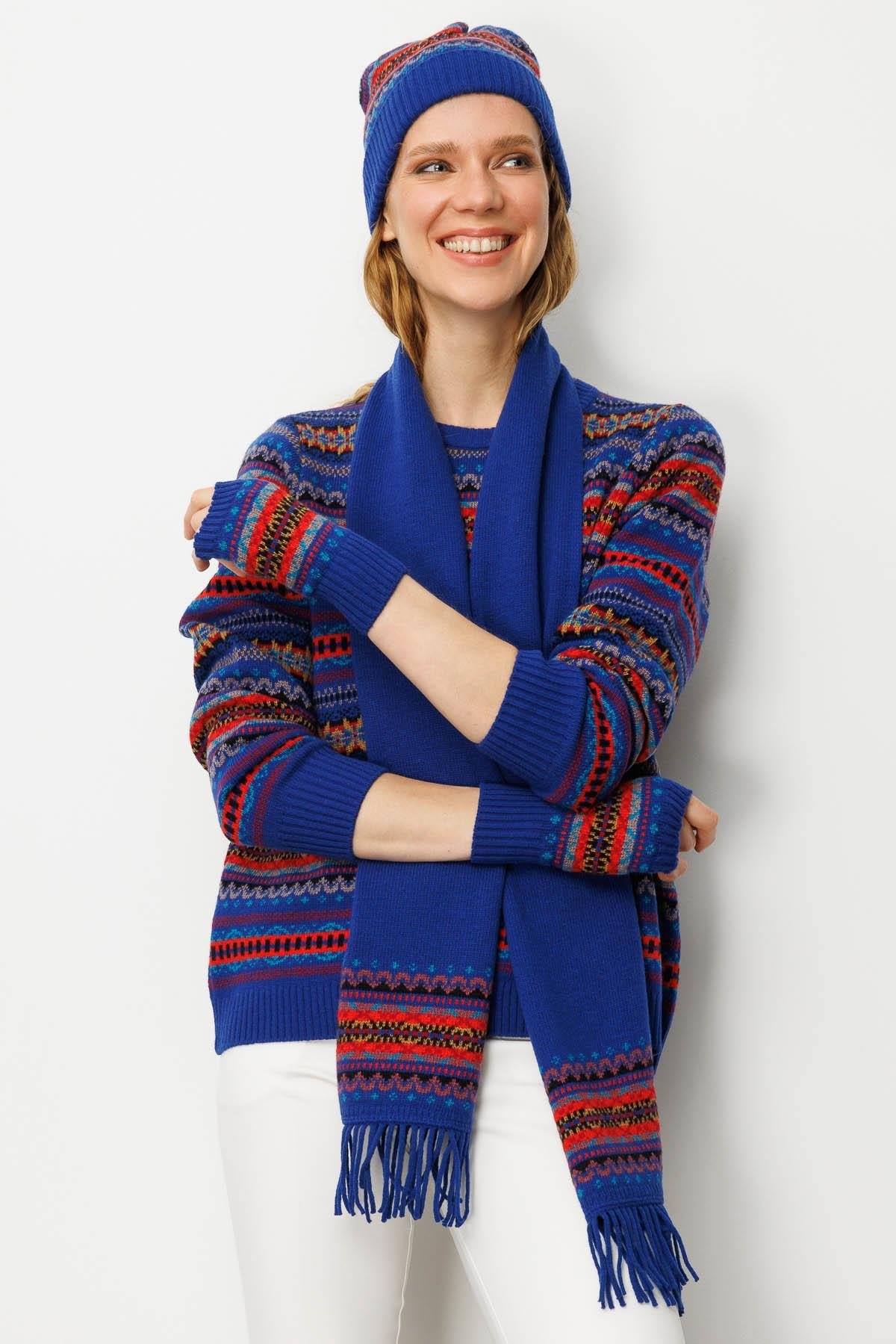 25074Kadın Jakarlı Yün Bere K.S.Mavi