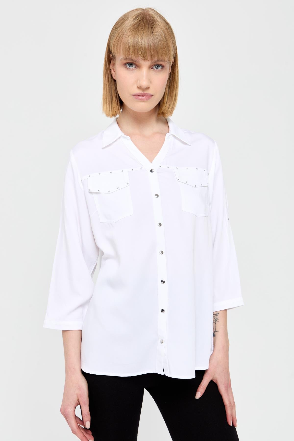 KMY24073Женская рубашка с карманами с клапанами
